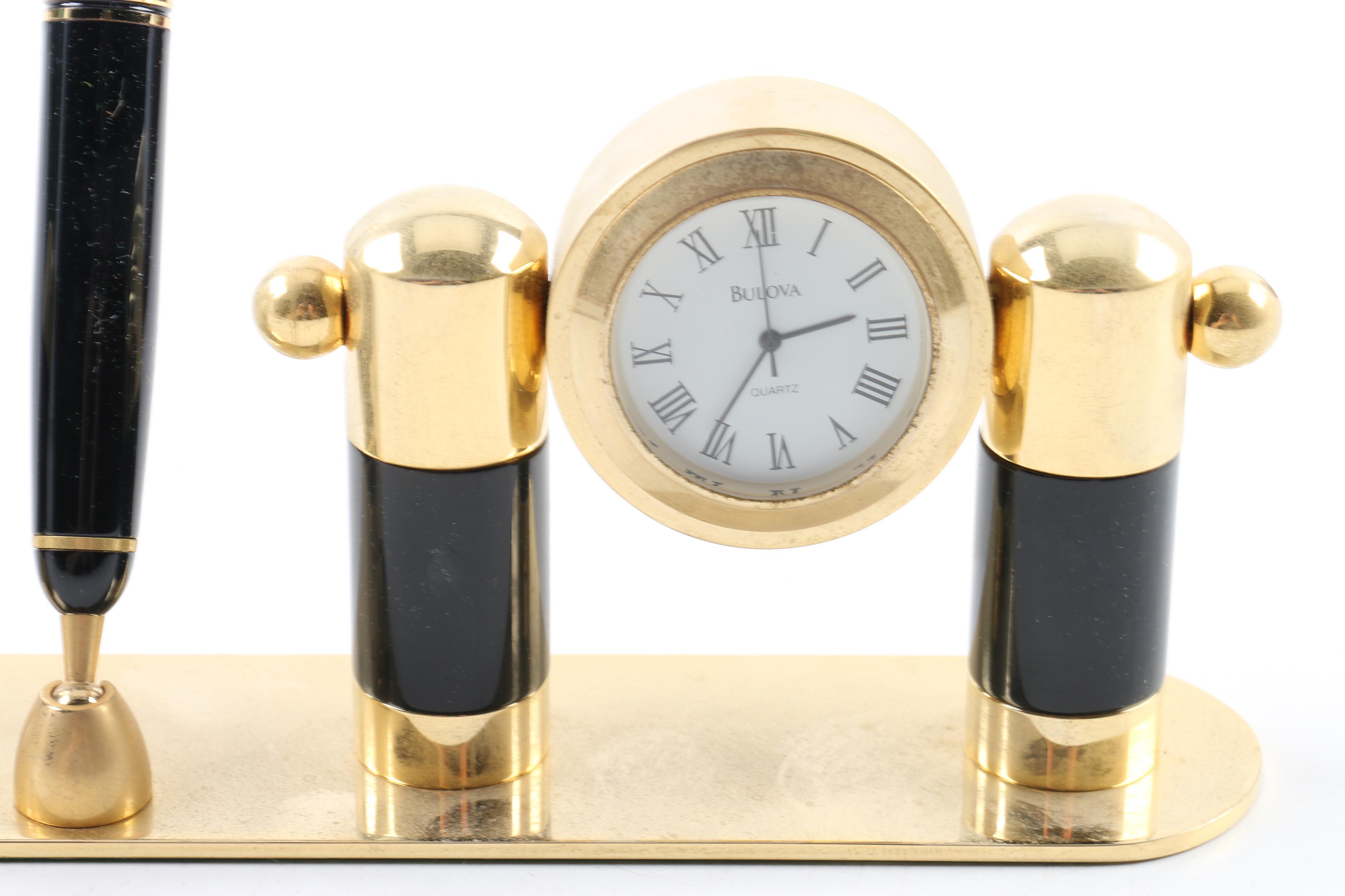 Bulova Clock Pen Holder with Case, Pen and Letter Opener