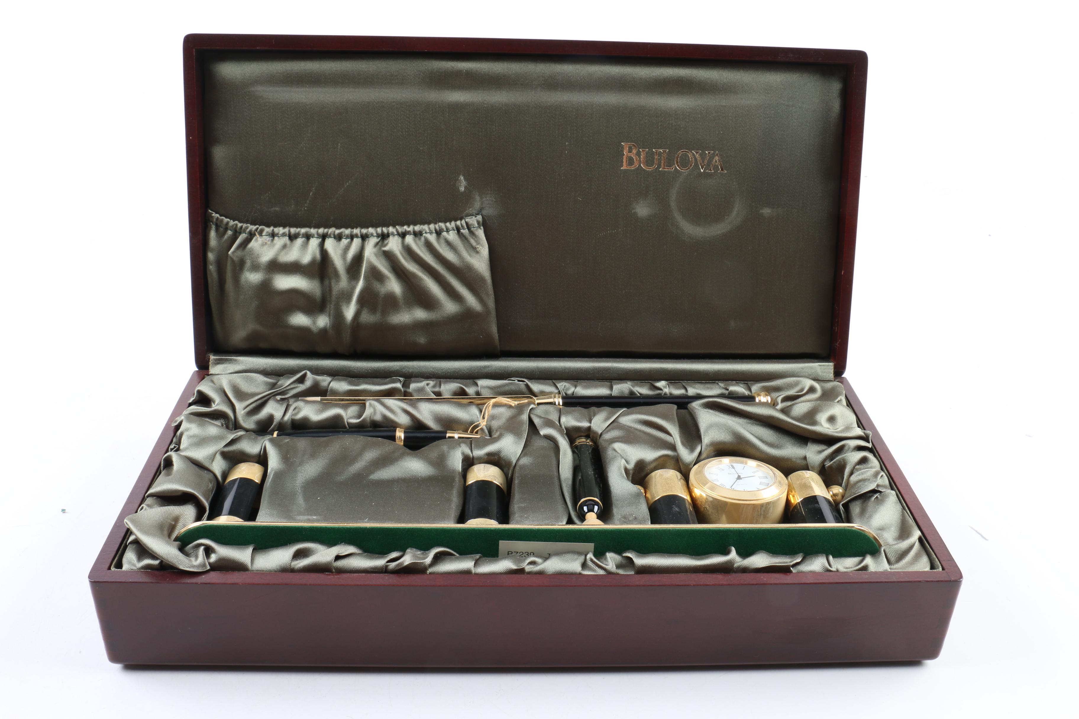 Bulova Clock Pen Holder with Case, Pen and Letter Opener