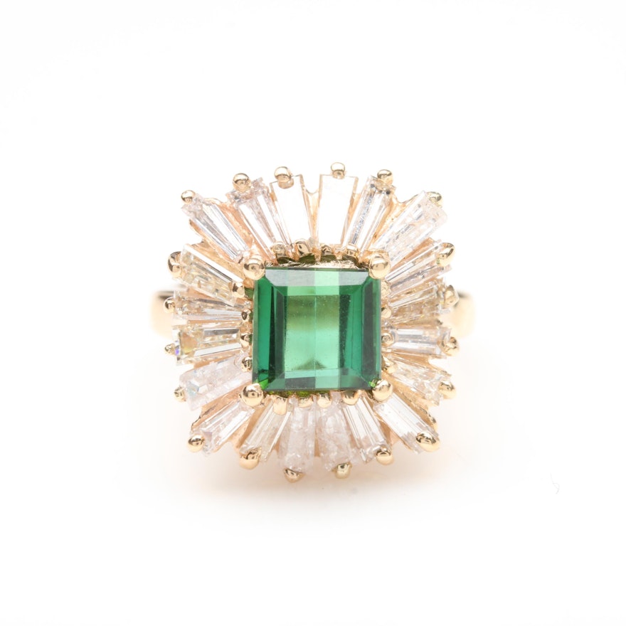 14K Yellow Gold Green Tourmaline, Cubic Zirconia, and 1.28 CTW Diamond Halo Ring