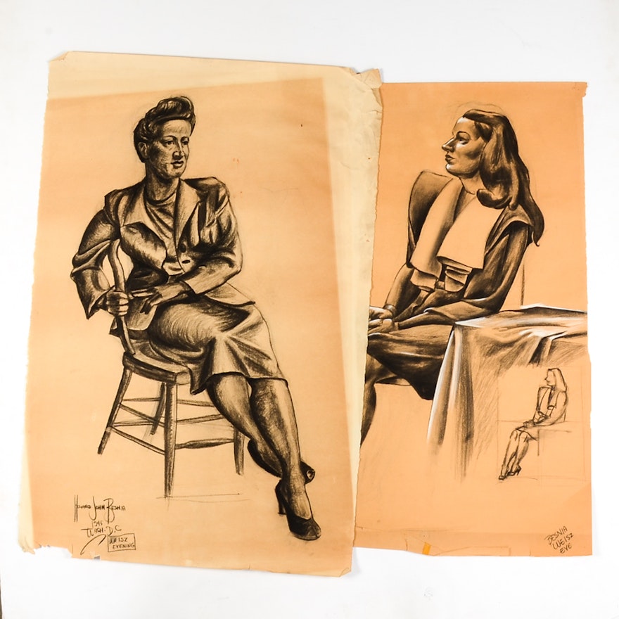 Two Howard John Besnia Vintage Original Charcoal Figure Drawing on Paper
