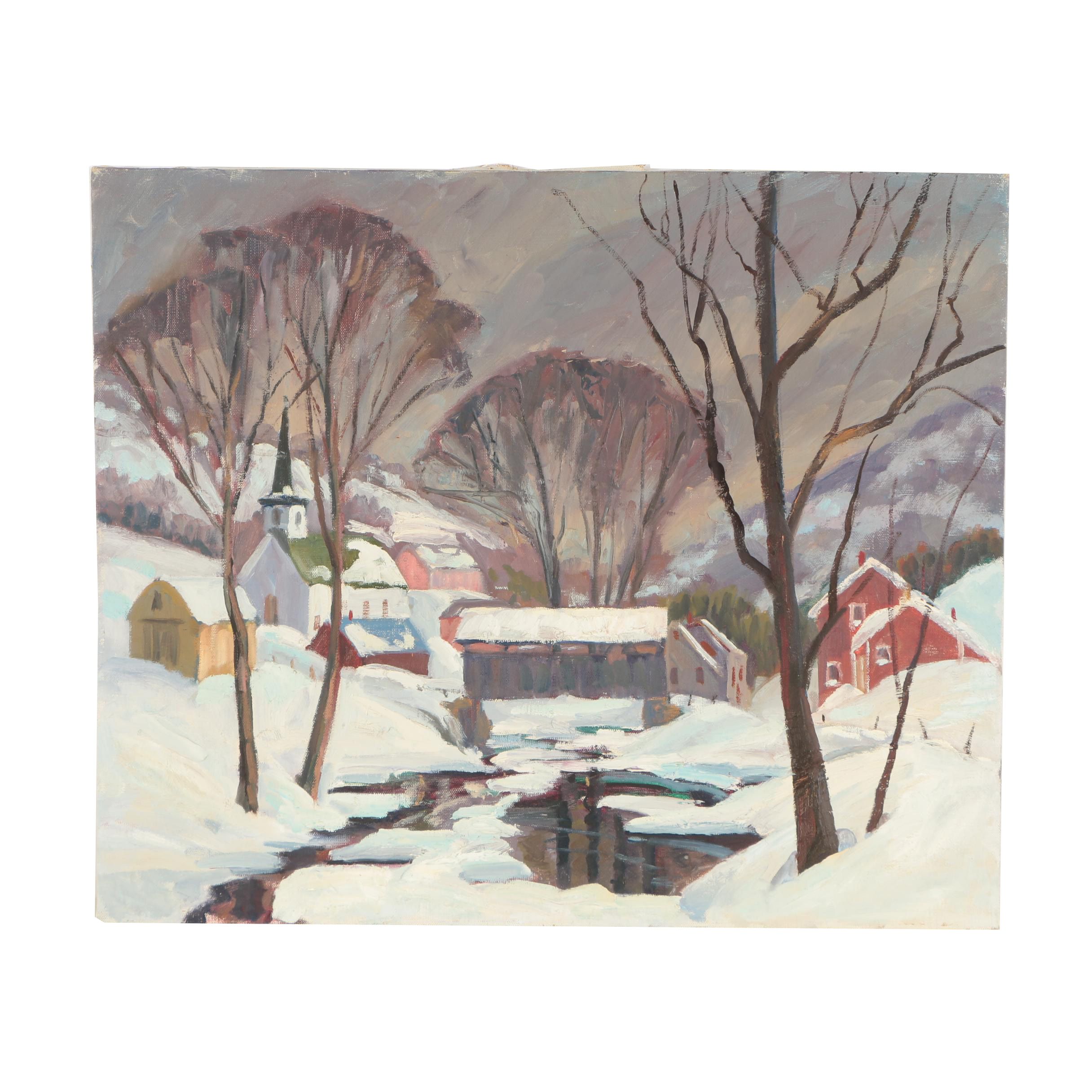Oil Painting After the Manner of Edward J. Hummer of Winter Landscape