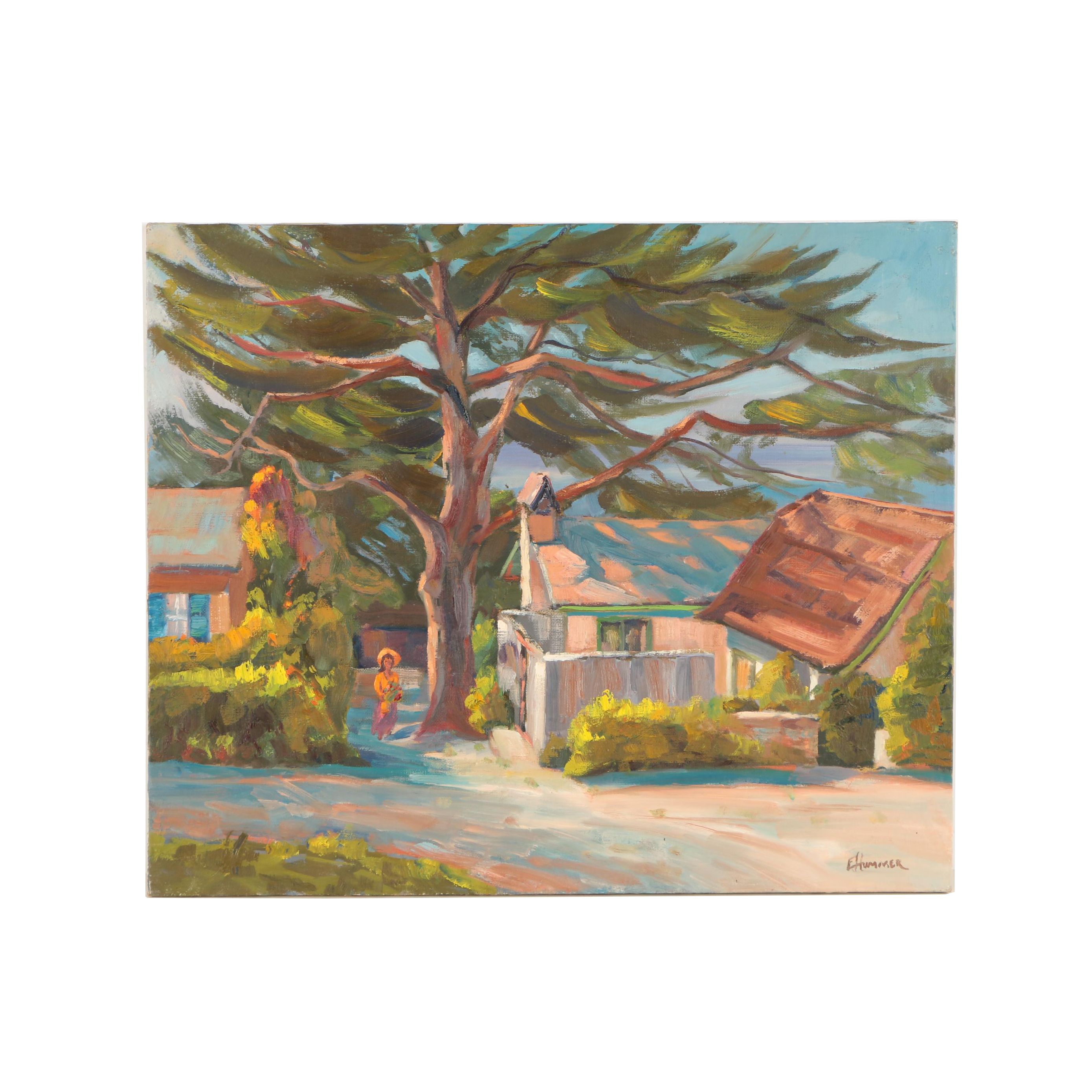 Edward J. Hummer Oil Painting of Sunlit Village with Shade Tree