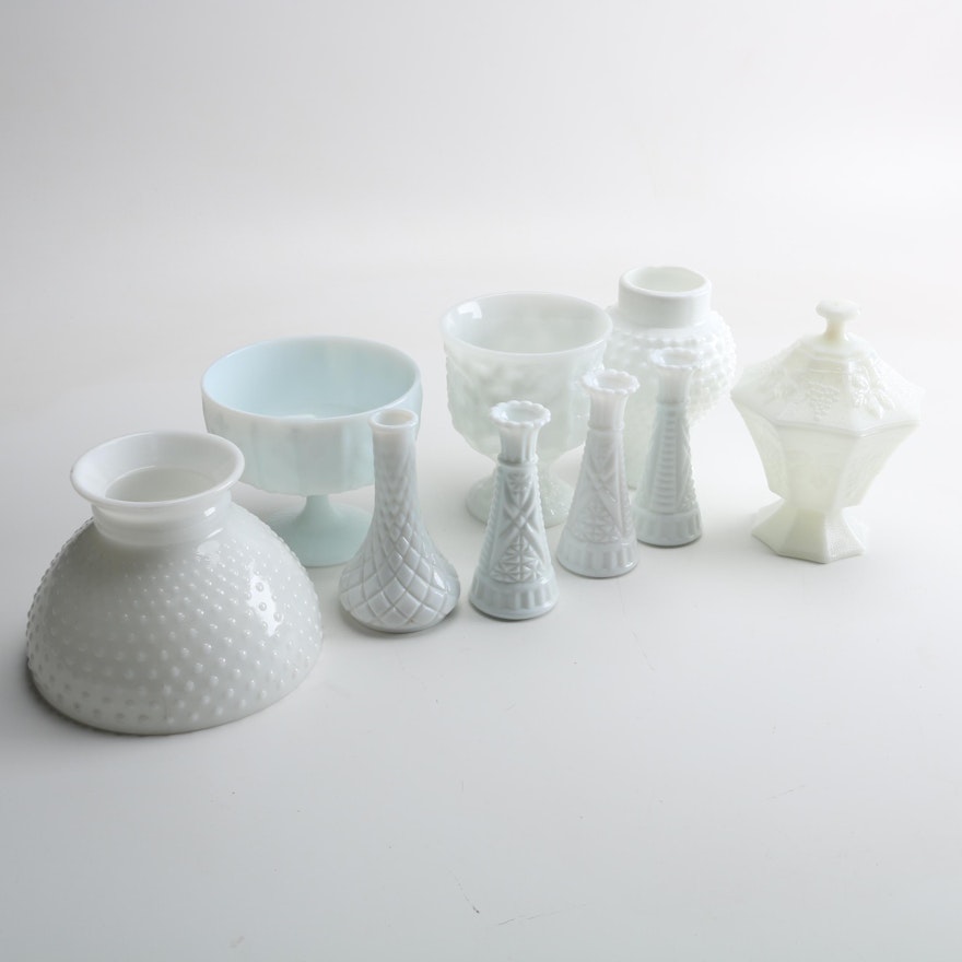 Milk Glass Vases, Footed Bowls, and Hurricane Light Covers