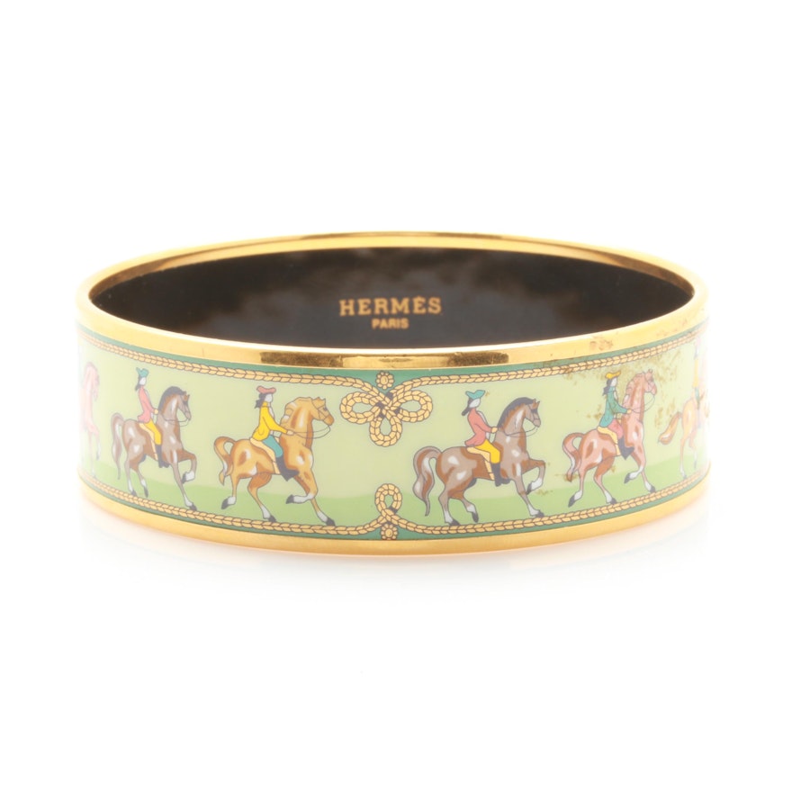 Hermes Gold Tone Equestrian Bangle Bracelet