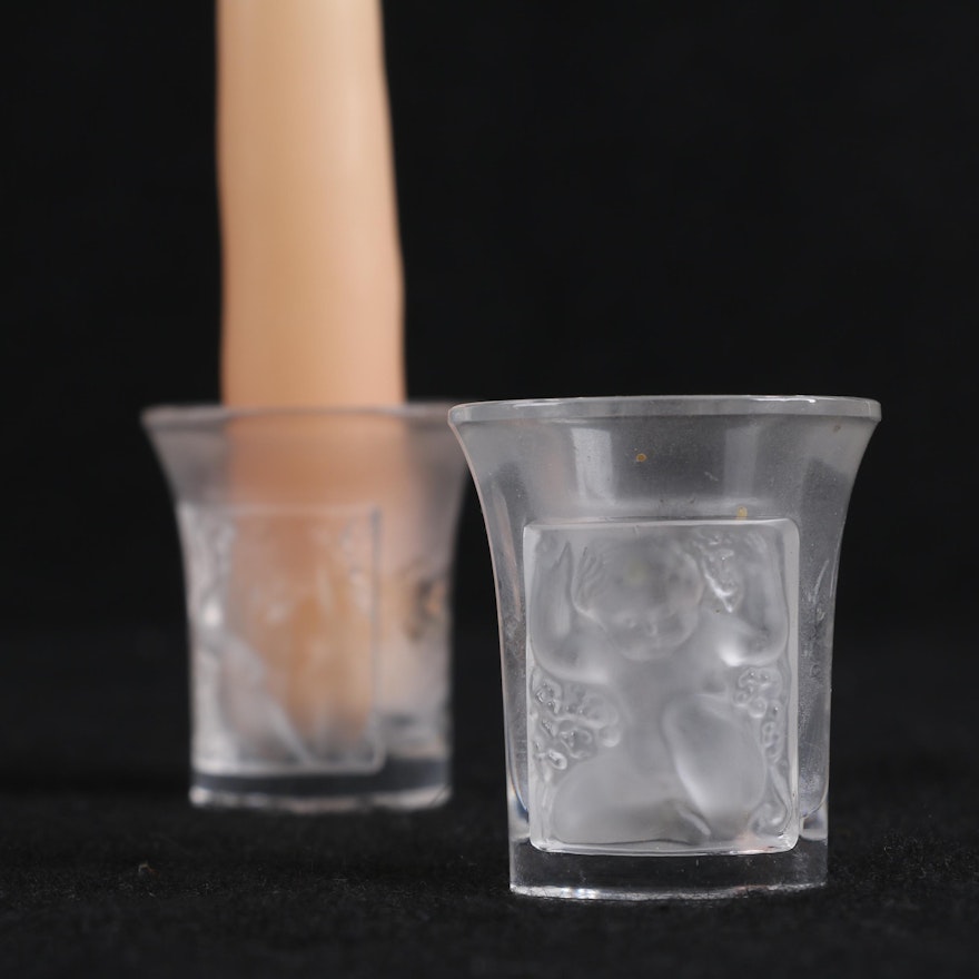 Pair of Lalique Figural Crystal Candle Holders