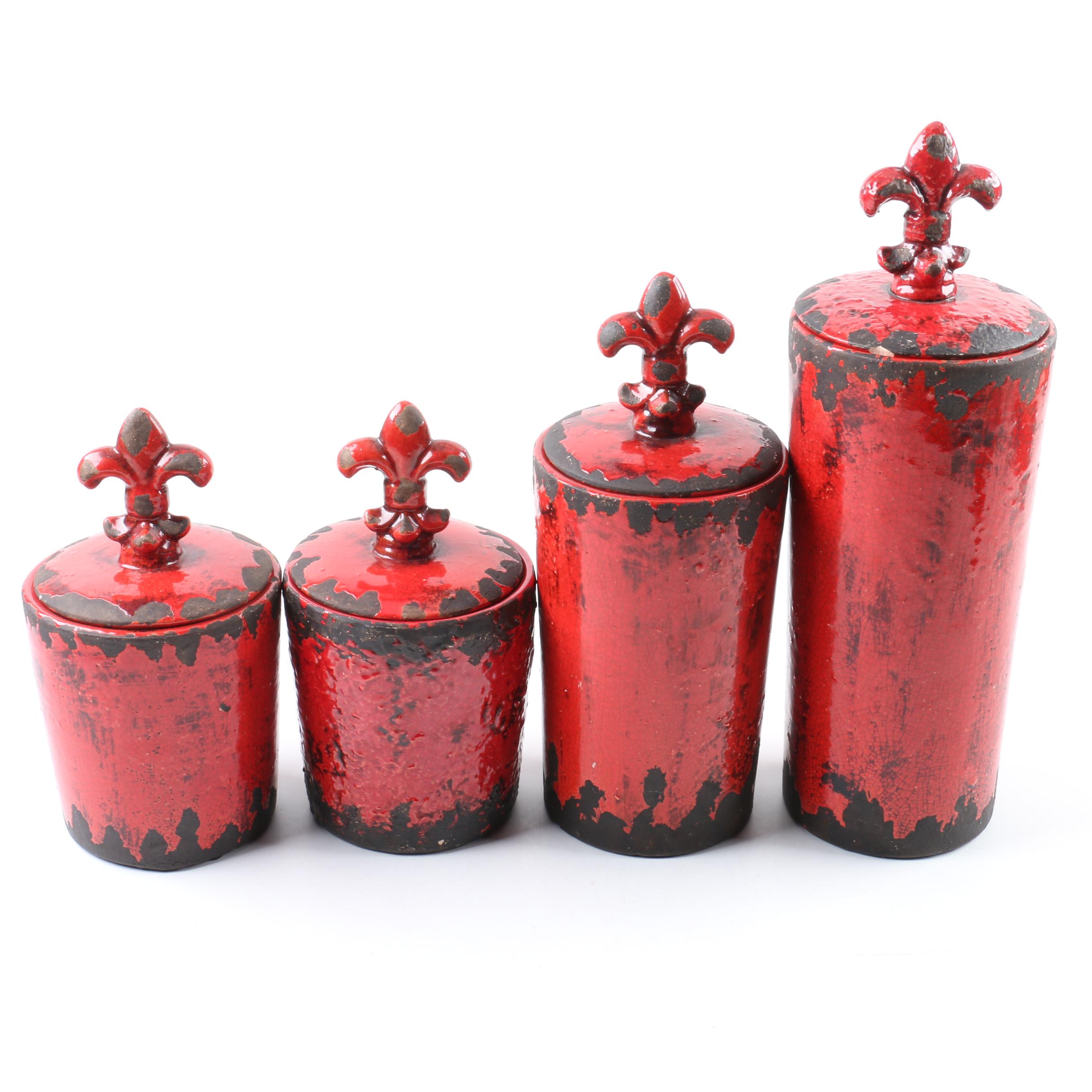 Red Canisters in Distressed Finish