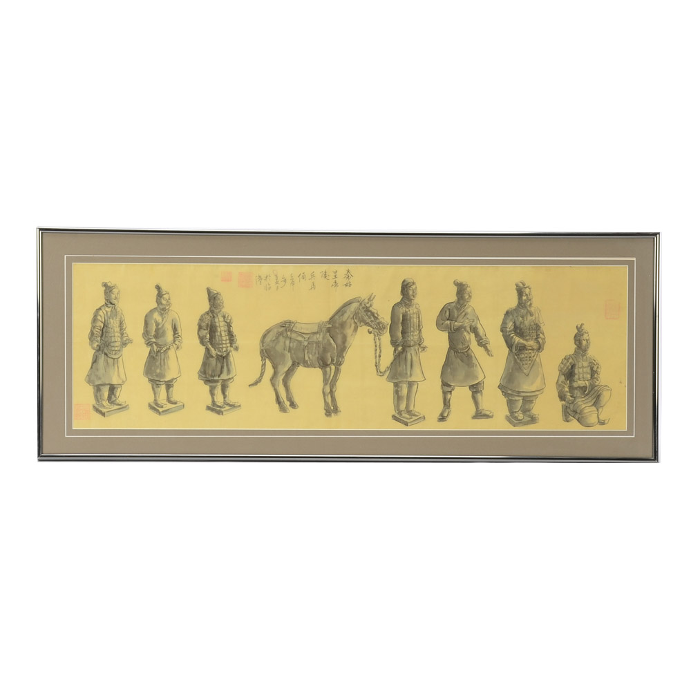 East Asian Ink and Watercolor Painting on Silk of Figures and Horse