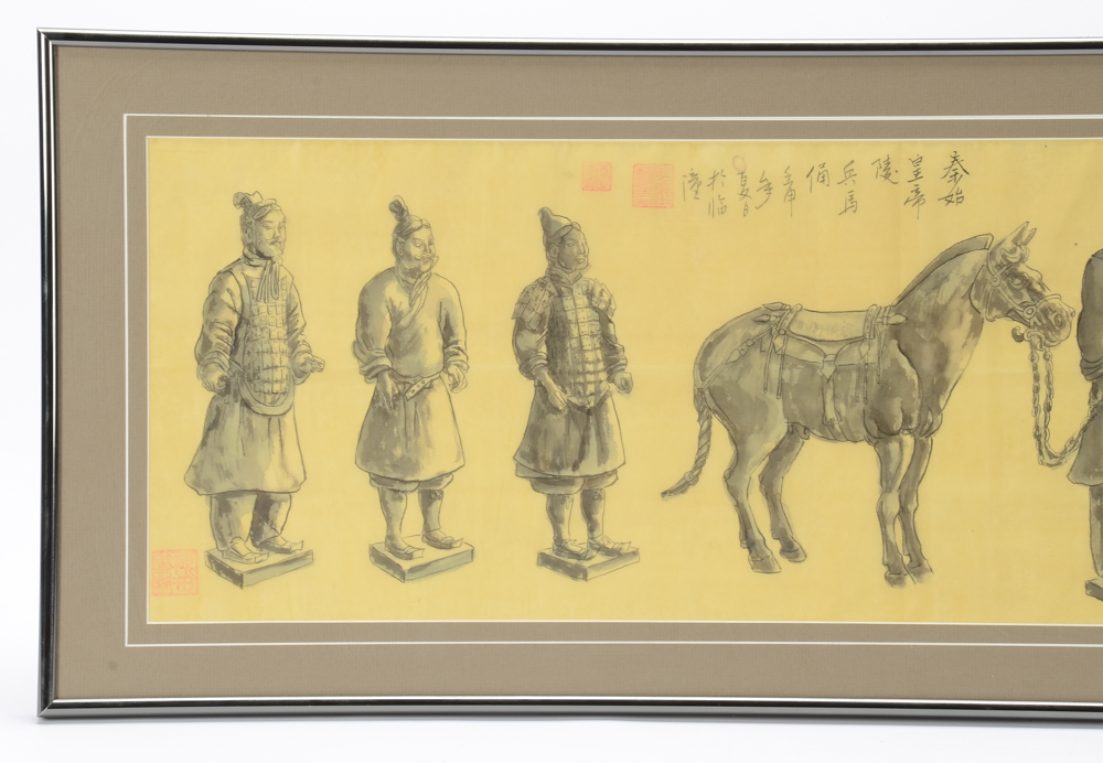 East Asian Ink and Watercolor Painting on Silk of Figures and Horse