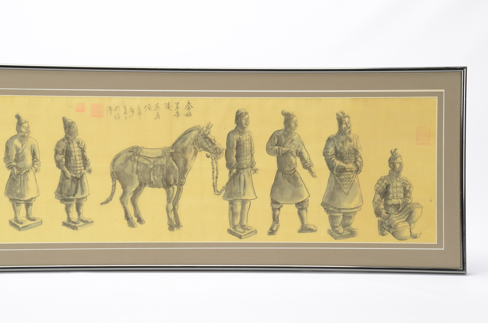 East Asian Ink and Watercolor Painting on Silk of Figures and Horse