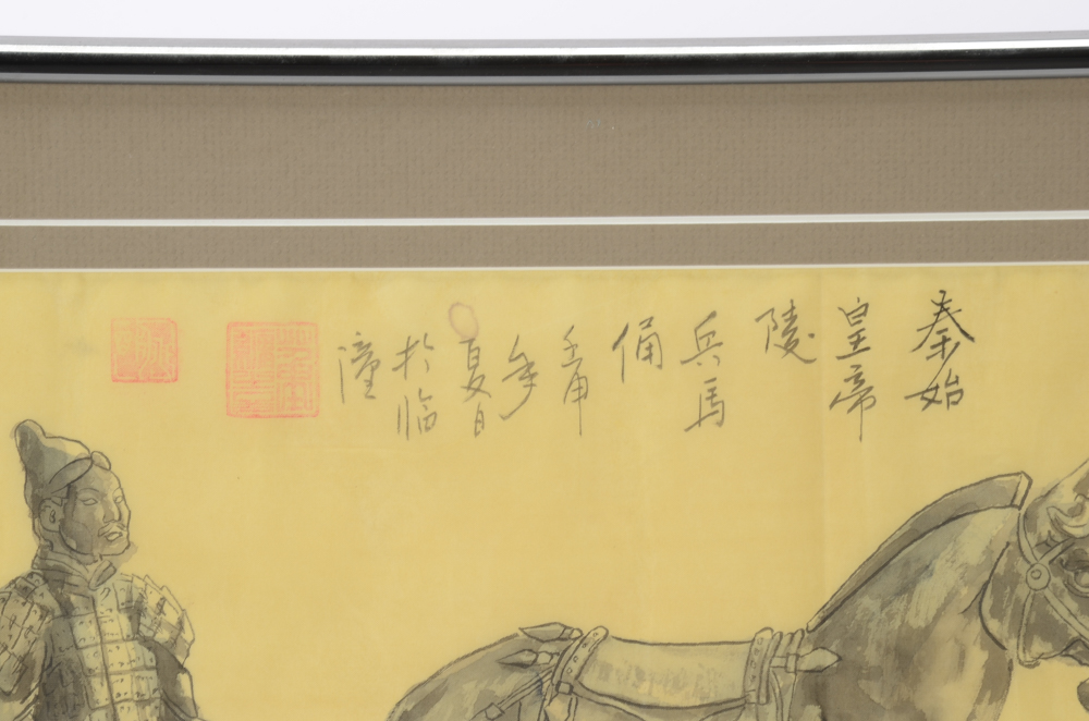 East Asian Ink and Watercolor Painting on Silk of Figures and Horse