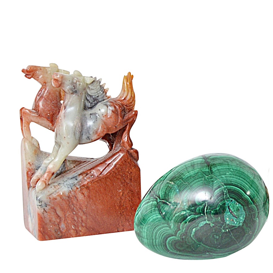 Soapstone Horse Carved Stamp and Malachite Egg