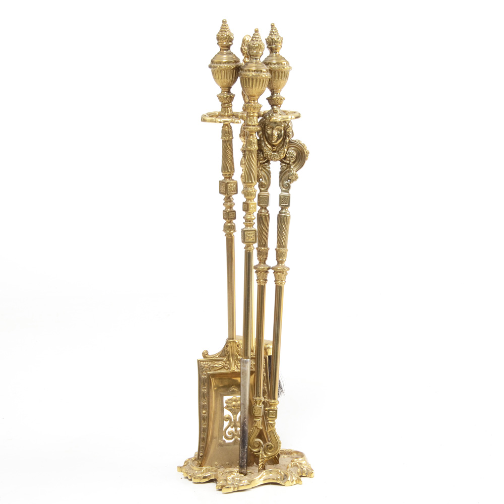 Ornate Brass Fireplace Tools with Stand