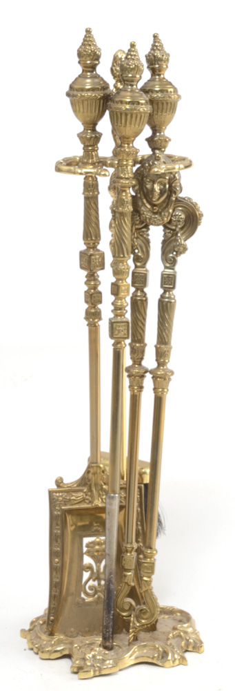 Ornate Brass Fireplace Tools with Stand