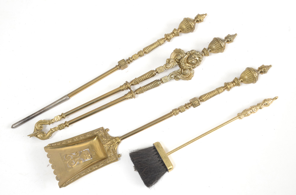 Ornate Brass Fireplace Tools with Stand