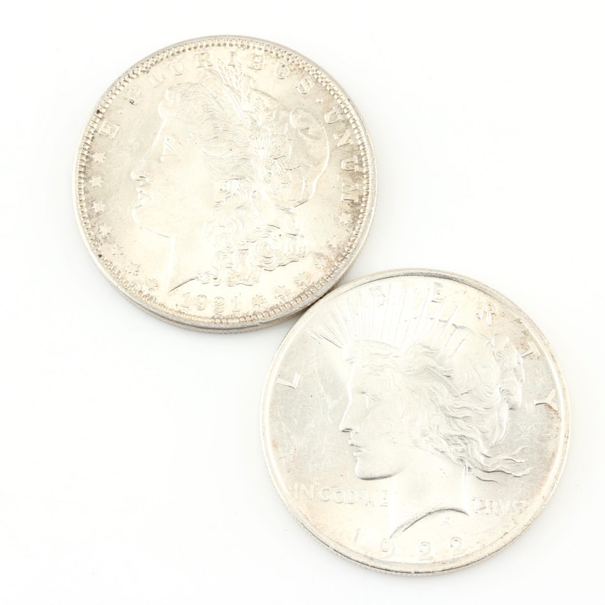 1921 Morgan Silver Dollar and a 1922 Silver Peace Dollar