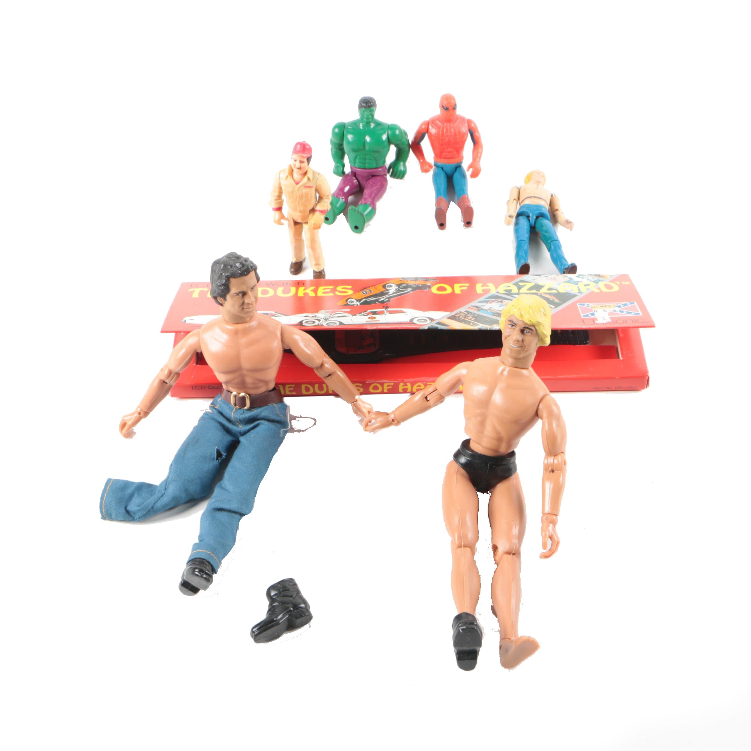 1970s Hulk, Spider-Man, and "Dukes of Hazzard" Action Figures with Watch