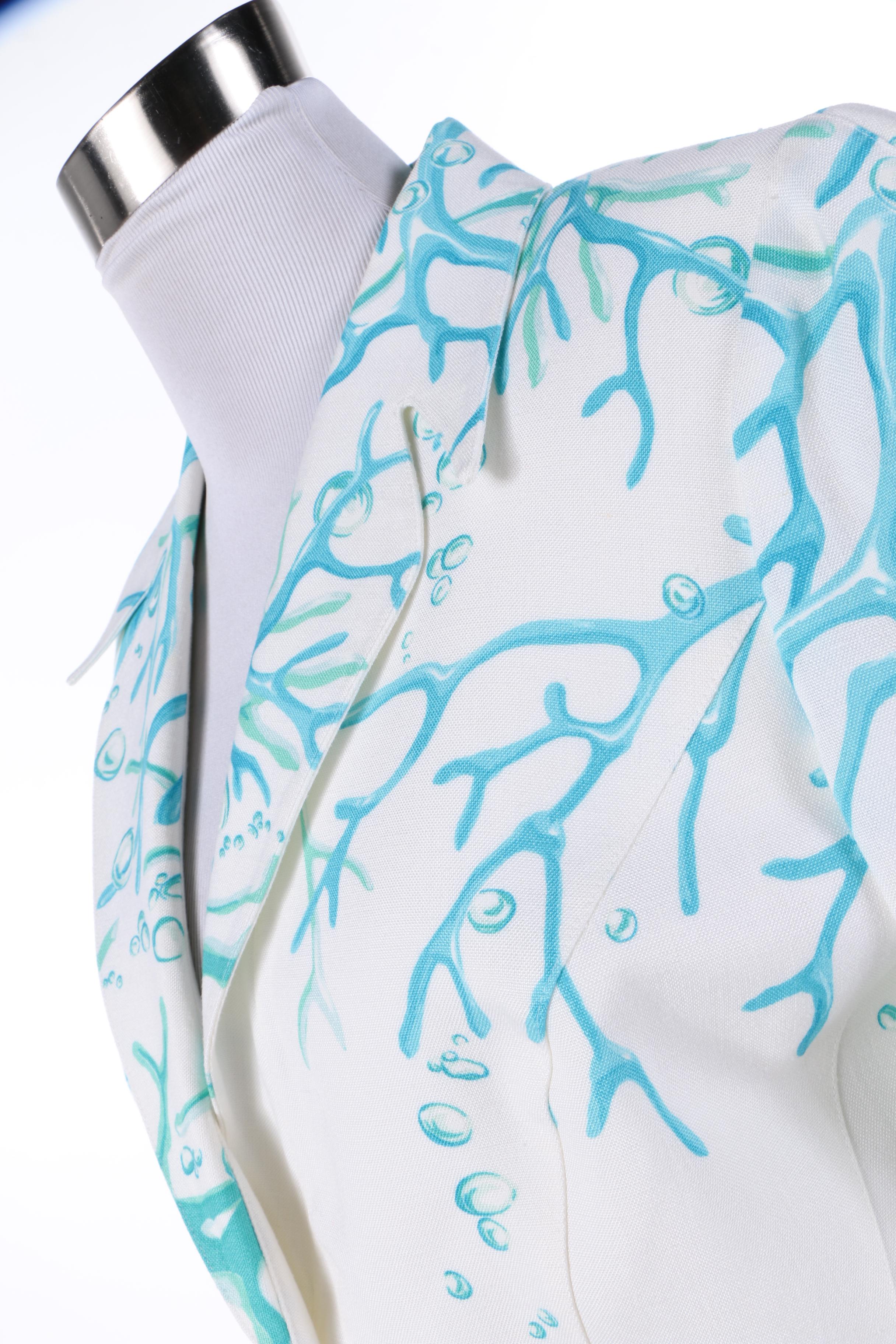 Thierry Mugler of Paris Blue Coral Print Skirt Suit, Made in France