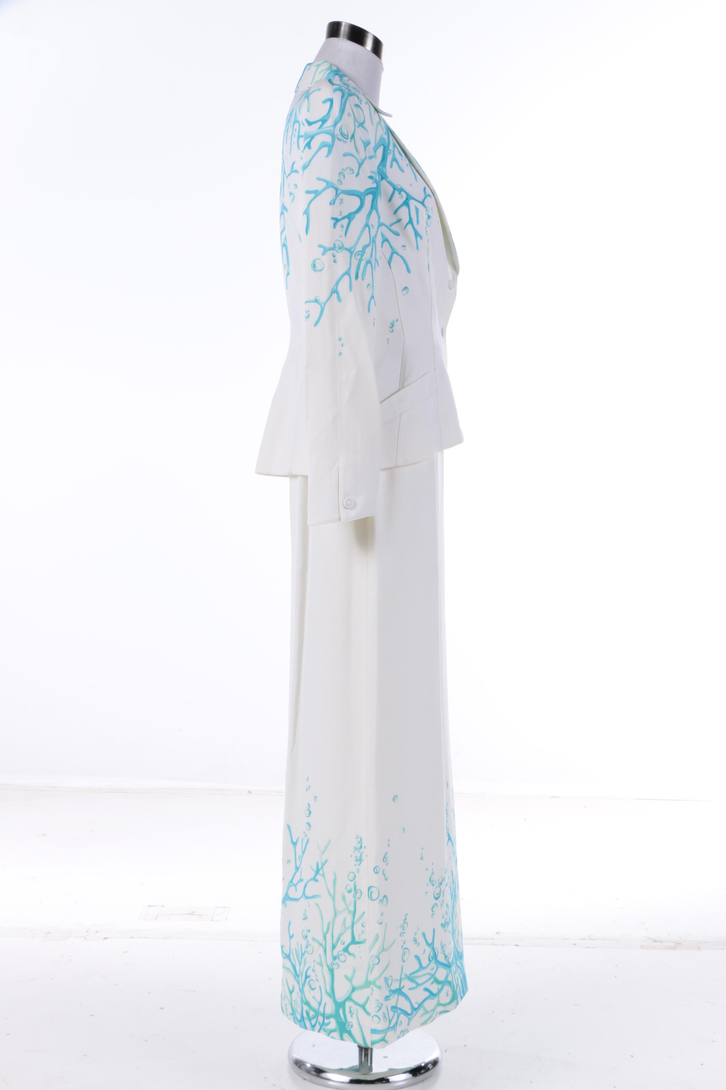 Thierry Mugler of Paris Blue Coral Print Skirt Suit, Made in France