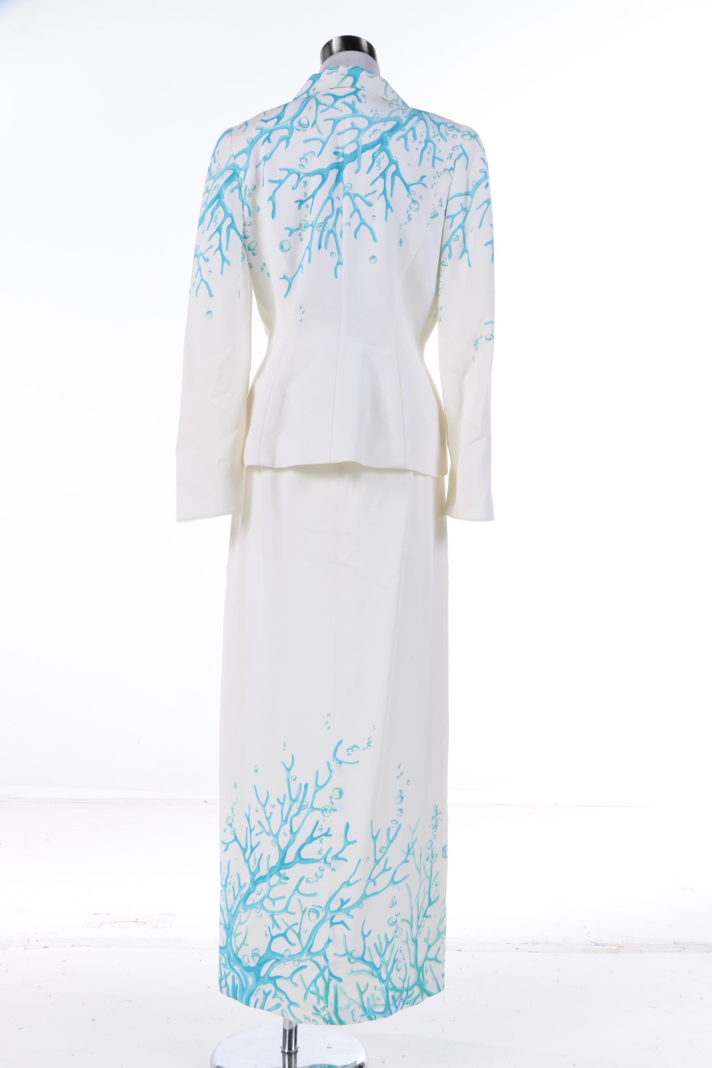 Thierry Mugler of Paris Blue Coral Print Skirt Suit, Made in France