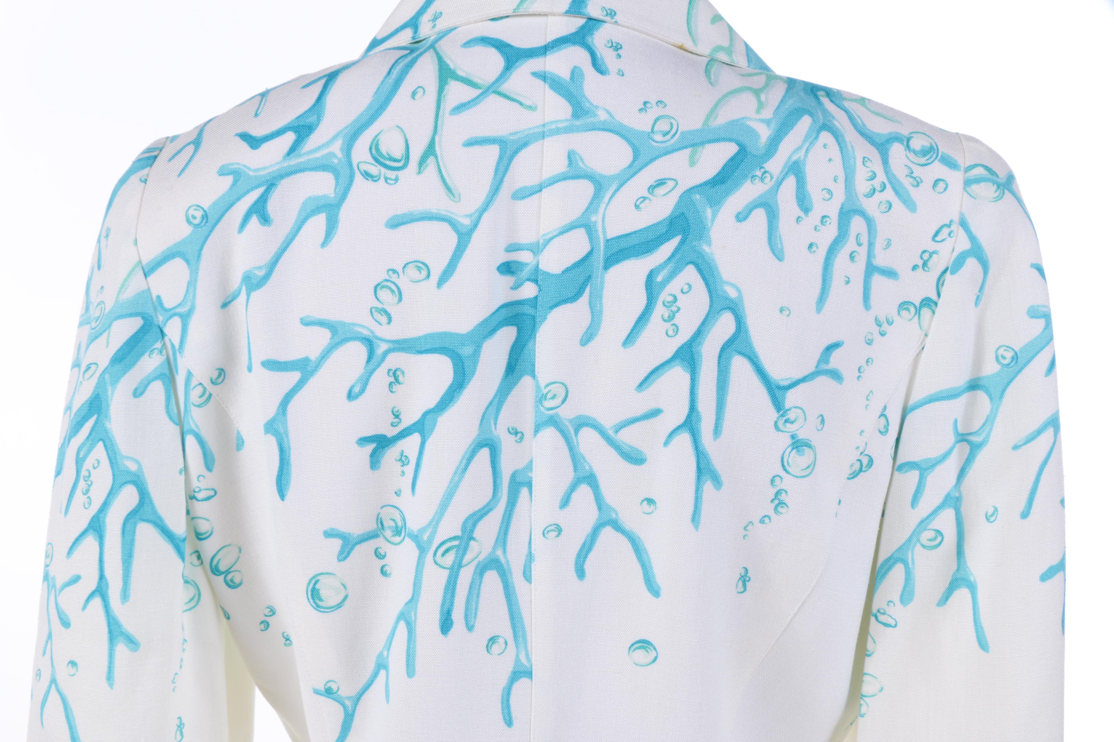 Thierry Mugler of Paris Blue Coral Print Skirt Suit, Made in France