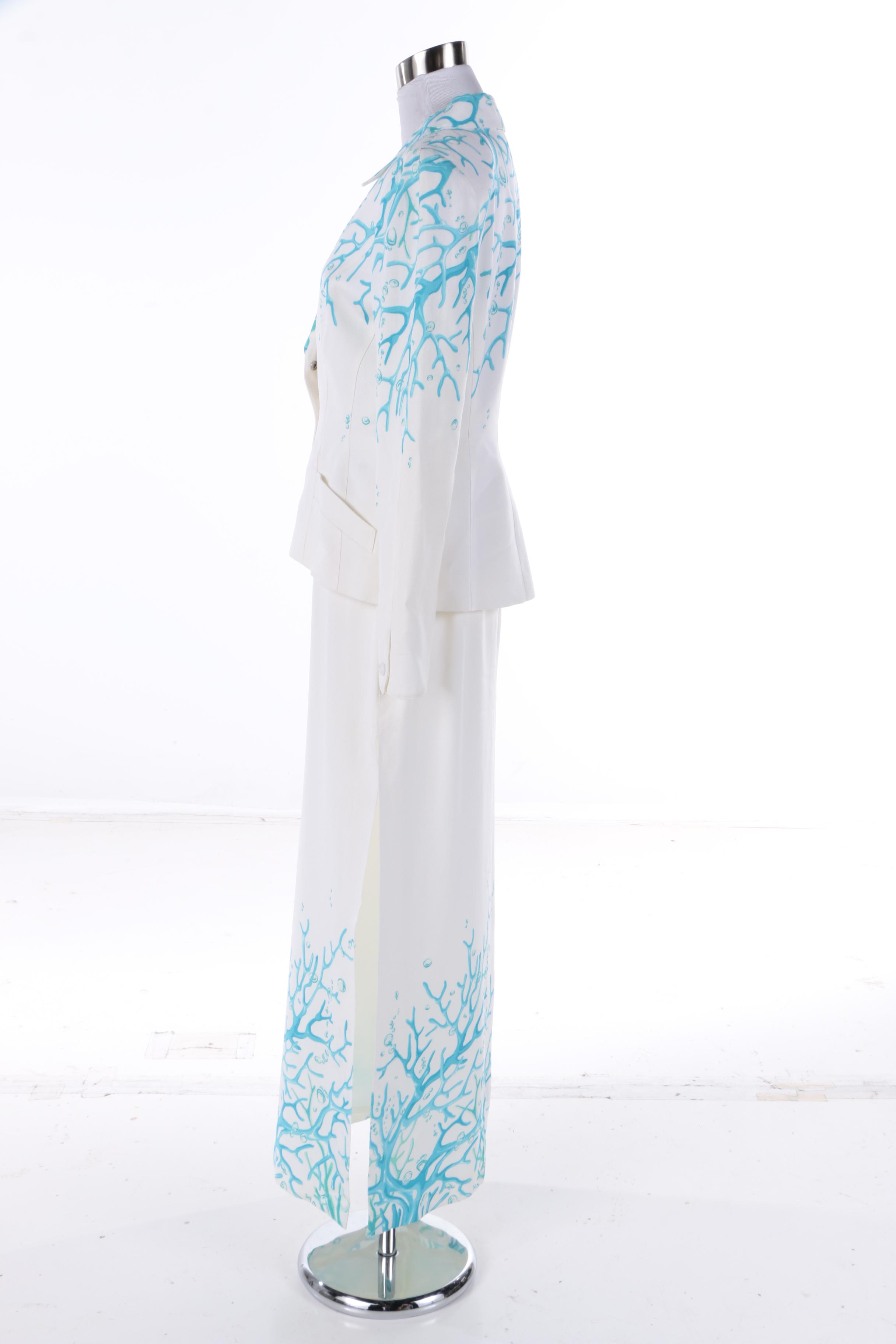 Thierry Mugler of Paris Blue Coral Print Skirt Suit, Made in France