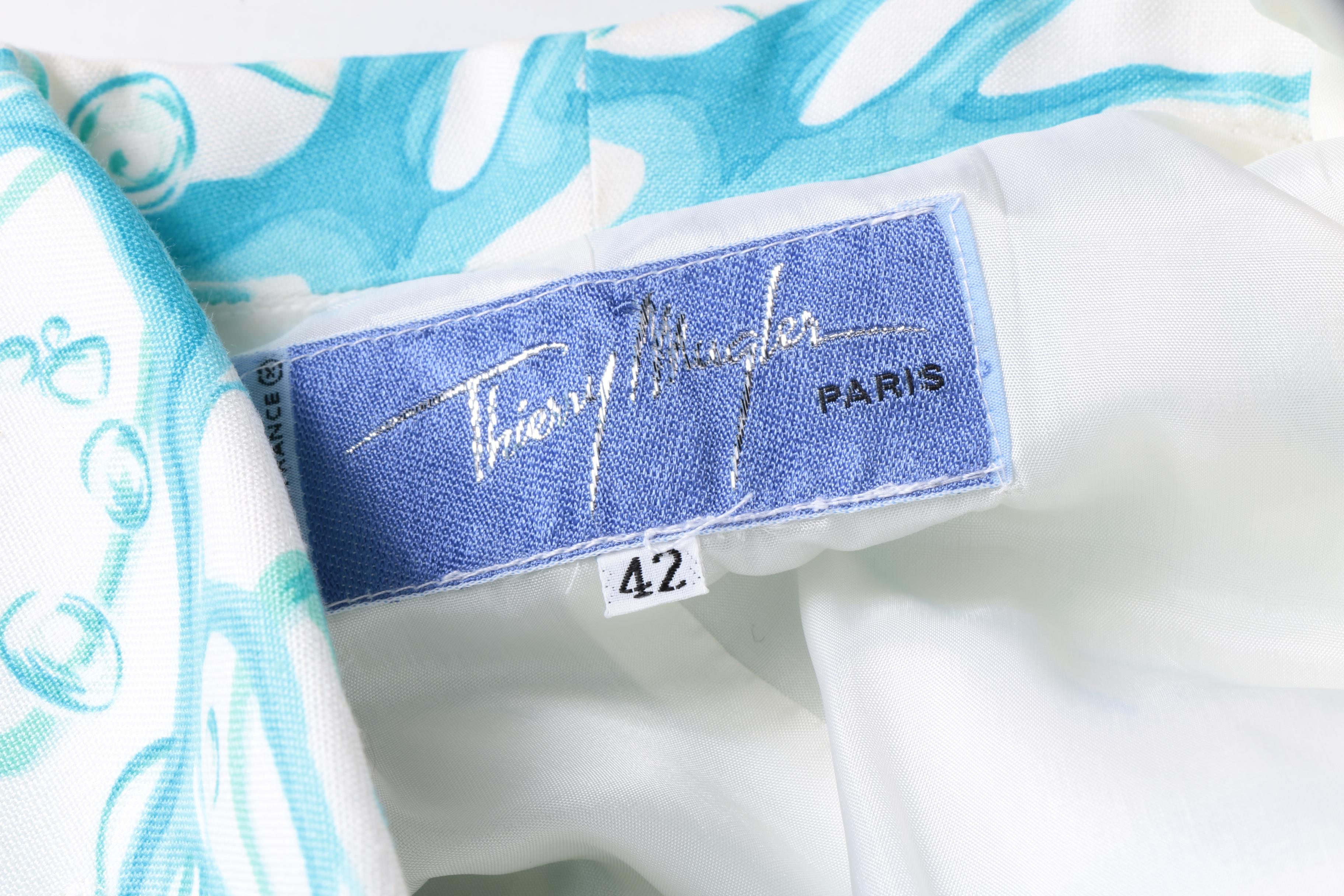 Thierry Mugler of Paris Blue Coral Print Skirt Suit, Made in France