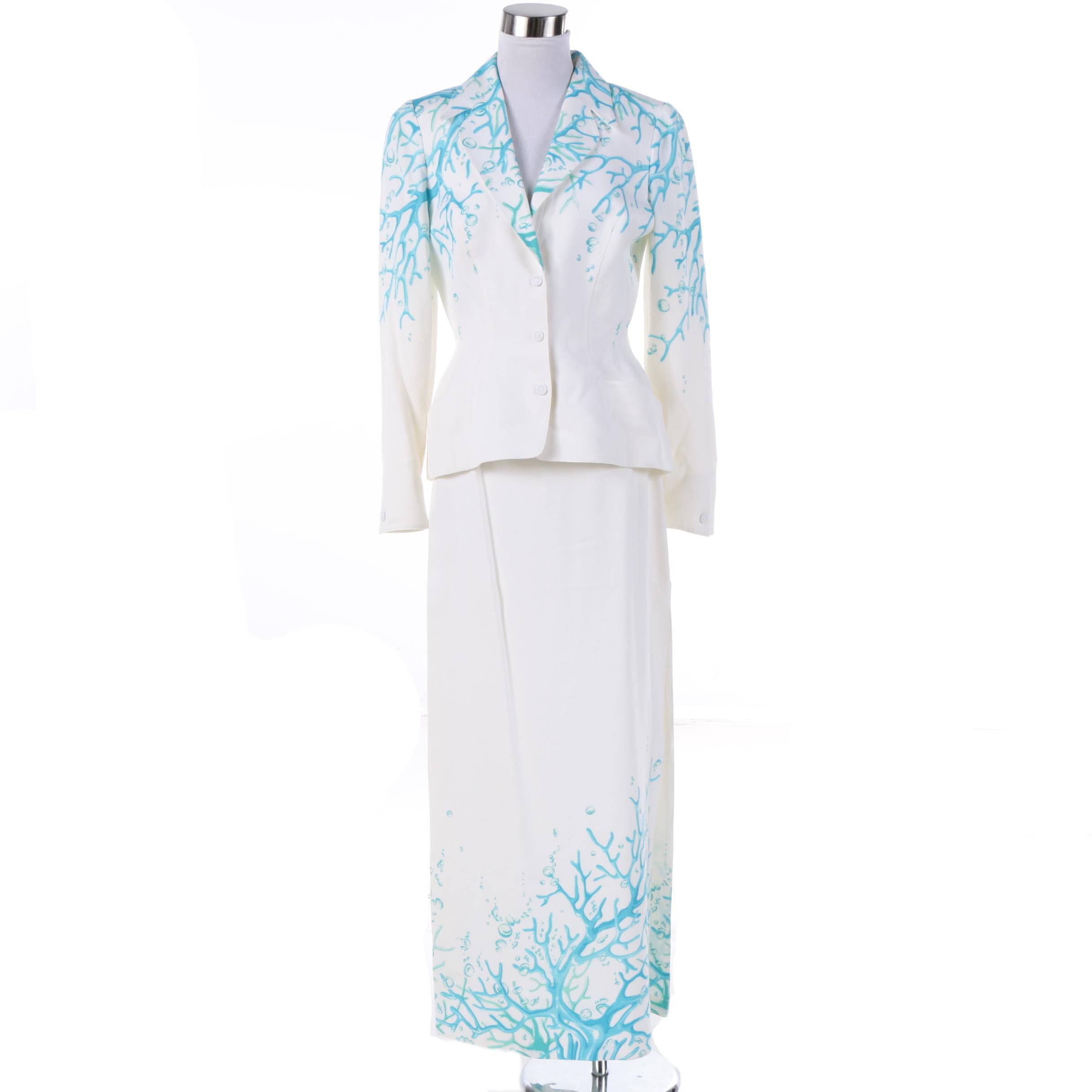 Thierry Mugler of Paris Blue Coral Print Skirt Suit, Made in France