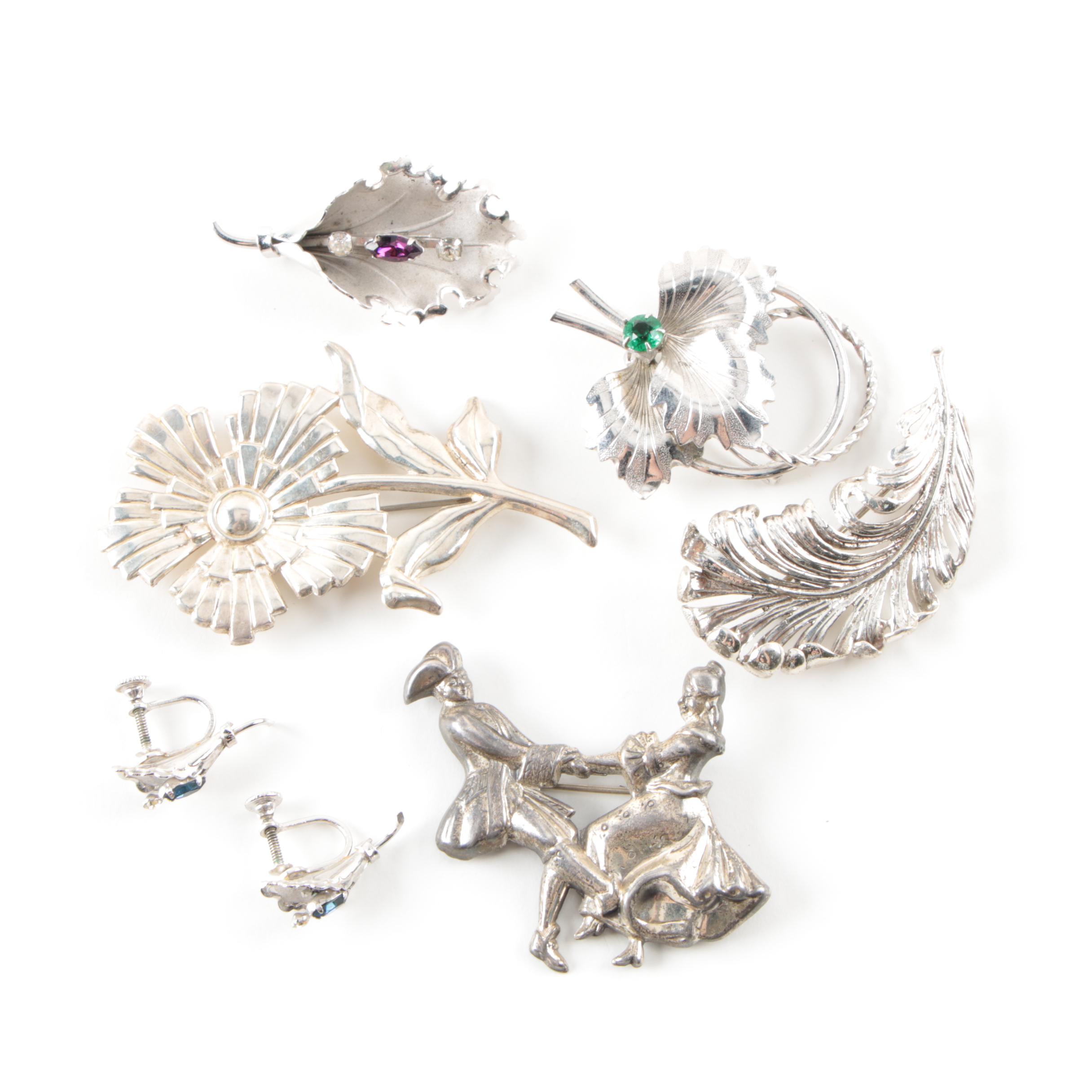 Vintage Sterling Silver Brooch and Earring Collection Including Colored Glass