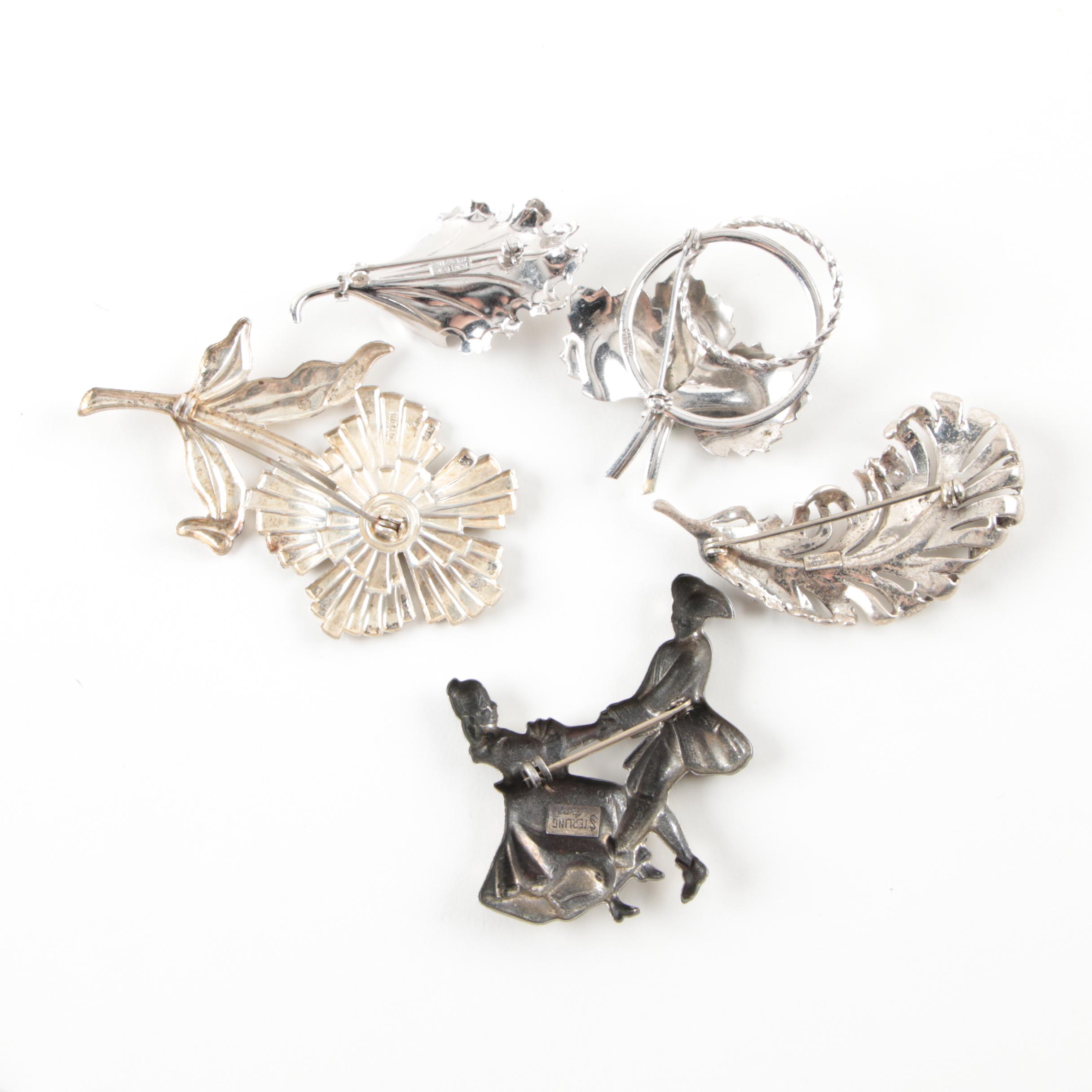 Vintage Sterling Silver Brooch and Earring Collection Including Colored Glass