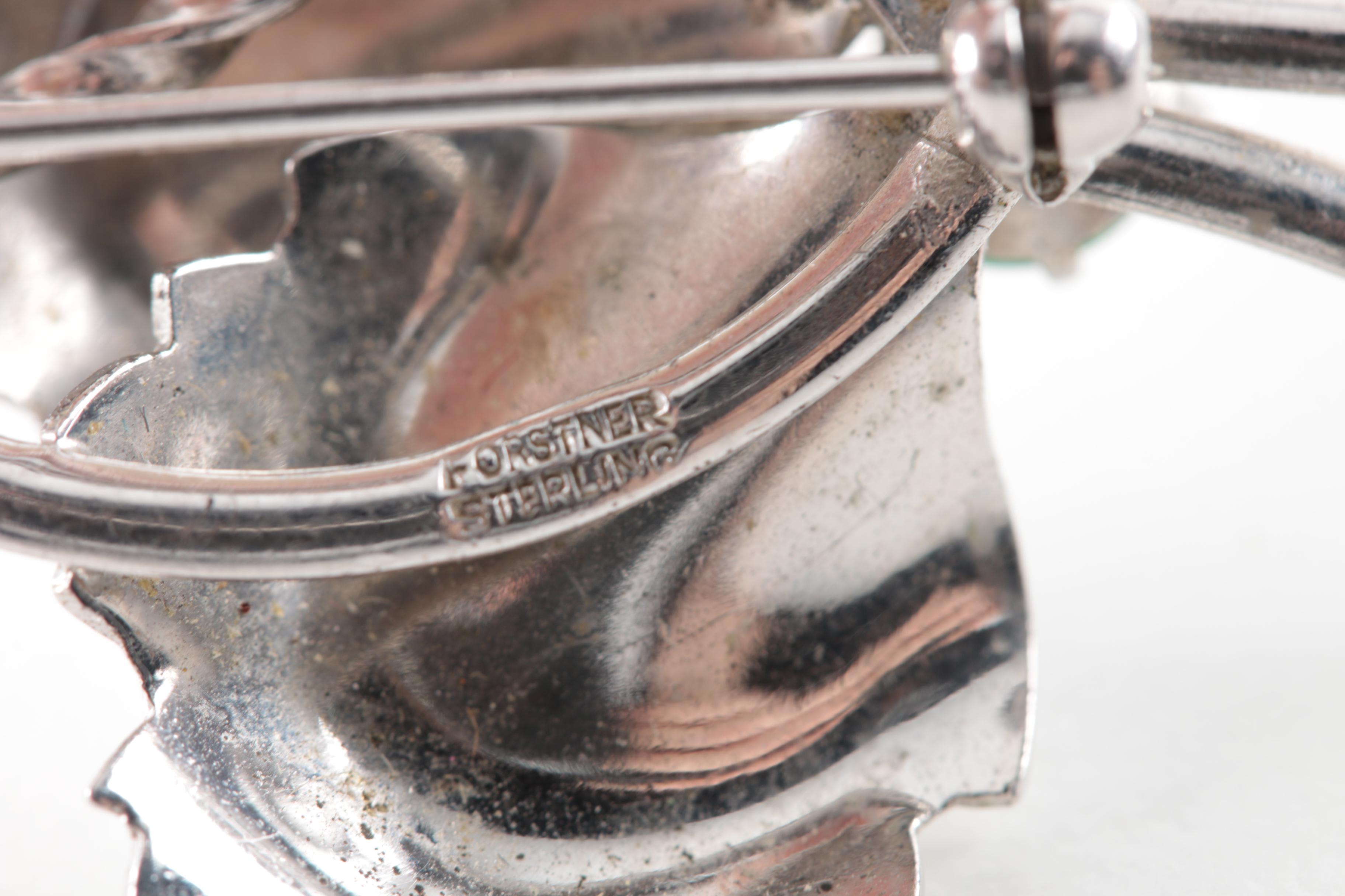 Vintage Sterling Silver Brooch and Earring Collection Including Colored Glass