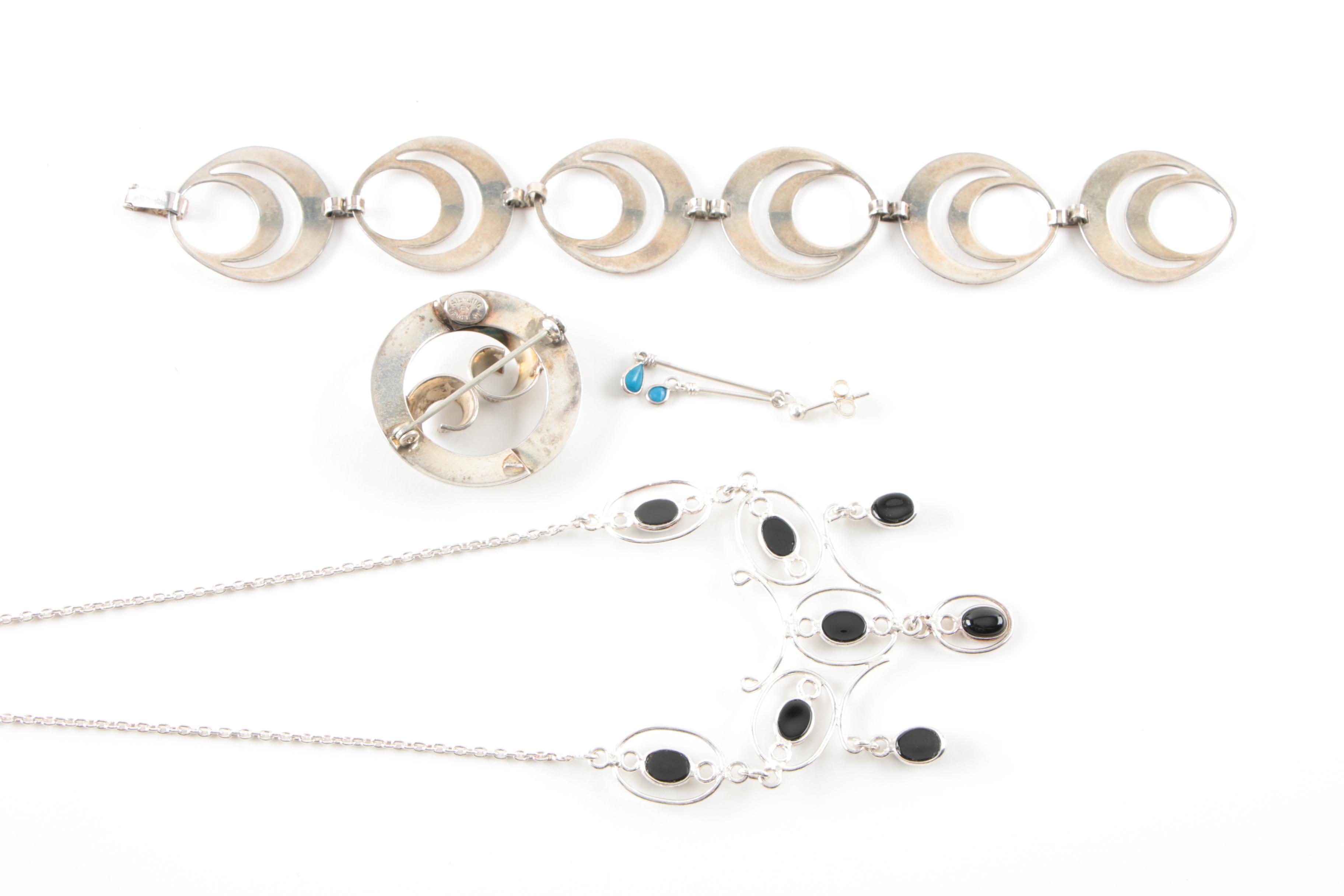 Sterling Silver Jewelry with JewelArt Brooch and Synthetic Turquoise Earrings