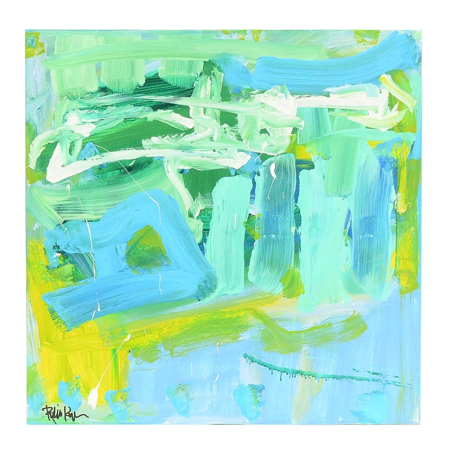 Robbie Kemper Acrylic Painting on Canvas "Blue Marks on Green"