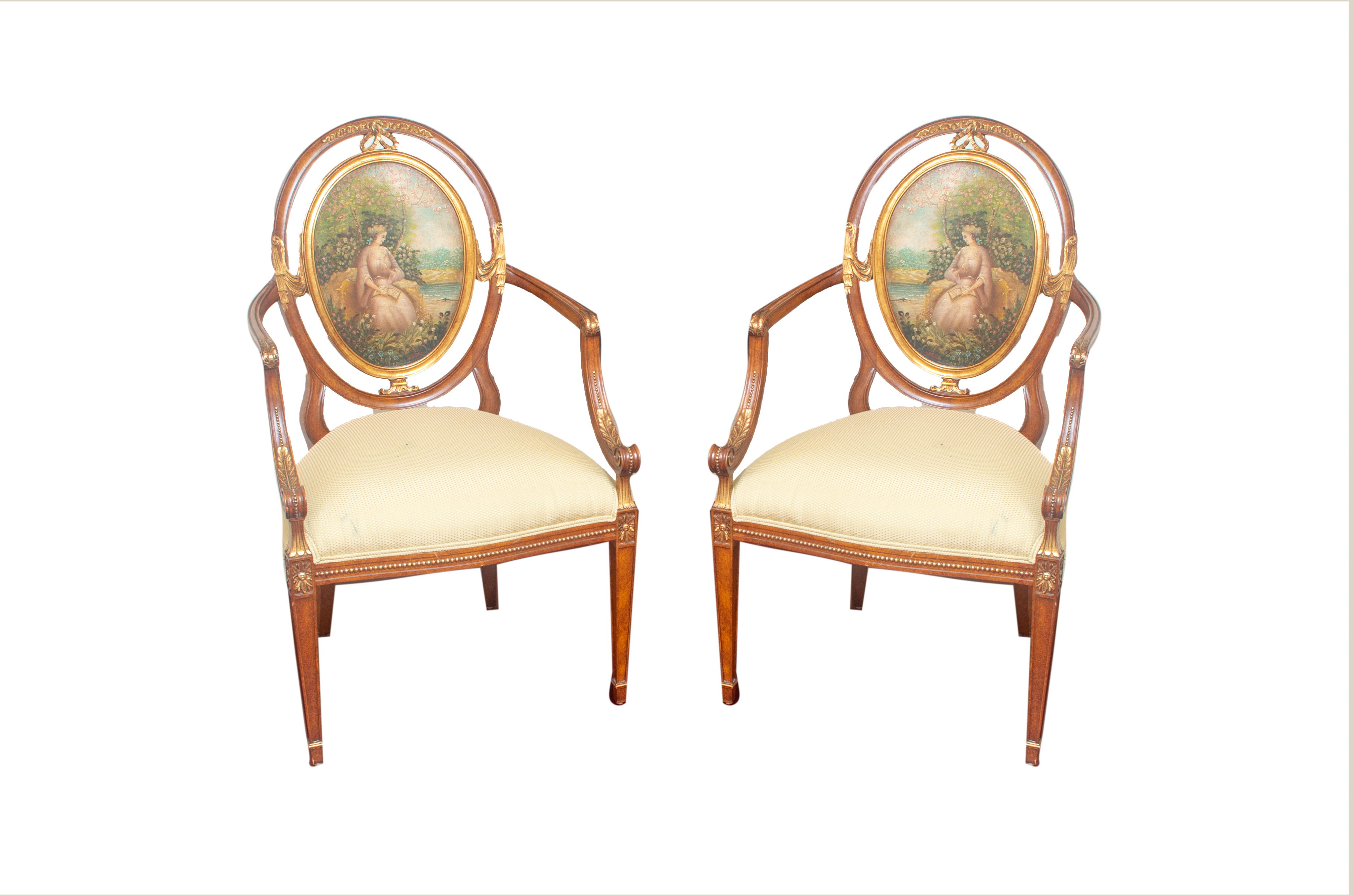 Vintage Upholstered Chairs With Painted Splats