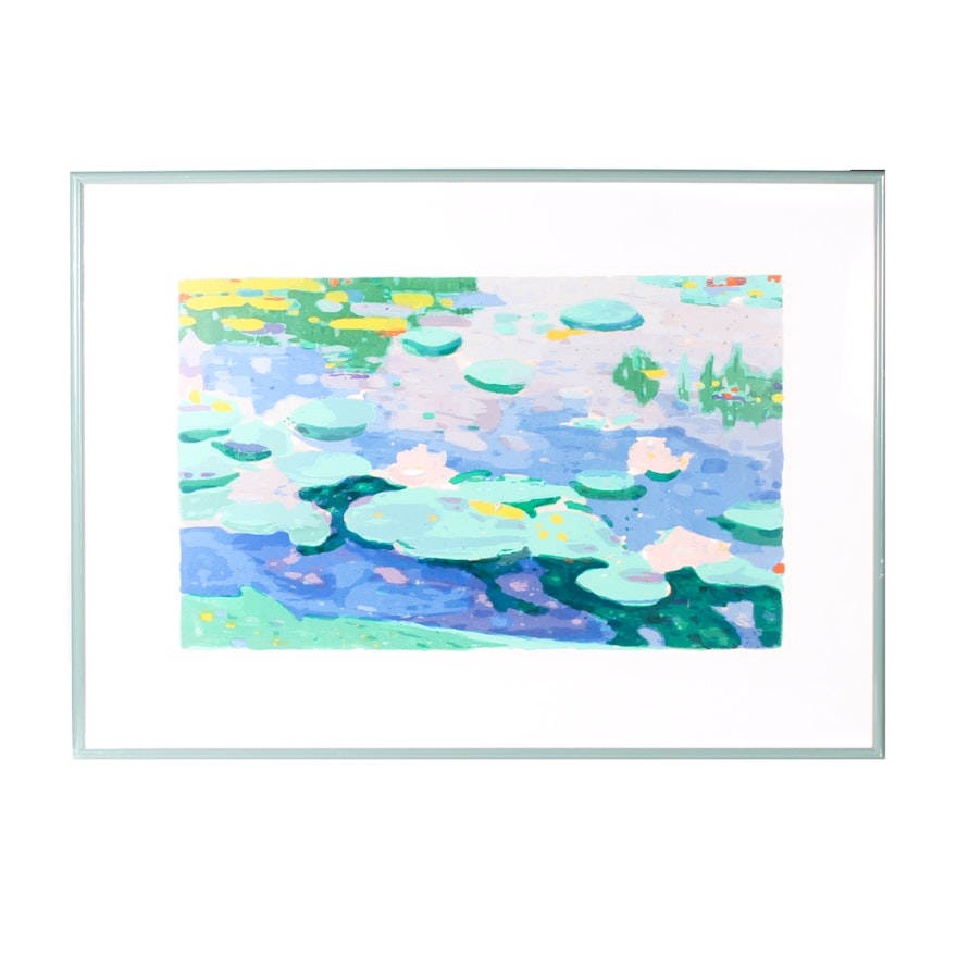 Limited Edition Silkscreen Print on Paper of Lily Pads on a Pond