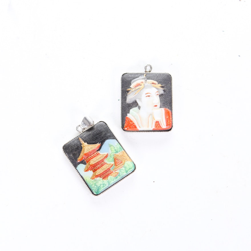 Pair of Vintage Japanese Toshikane Porcelain Pendants