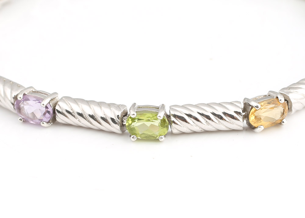 Sterling Silver and Multi-Gemstone Bar Bracelet