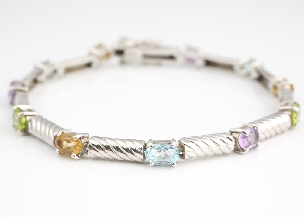 Sterling Silver and Multi-Gemstone Bar Bracelet
