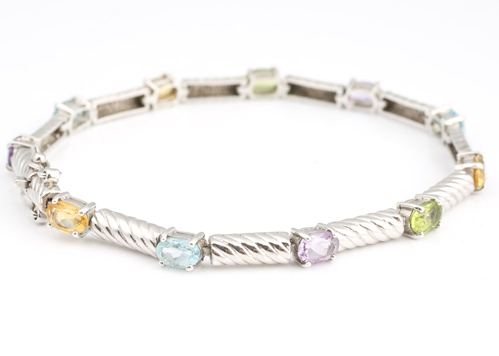 Sterling Silver and Multi-Gemstone Bar Bracelet