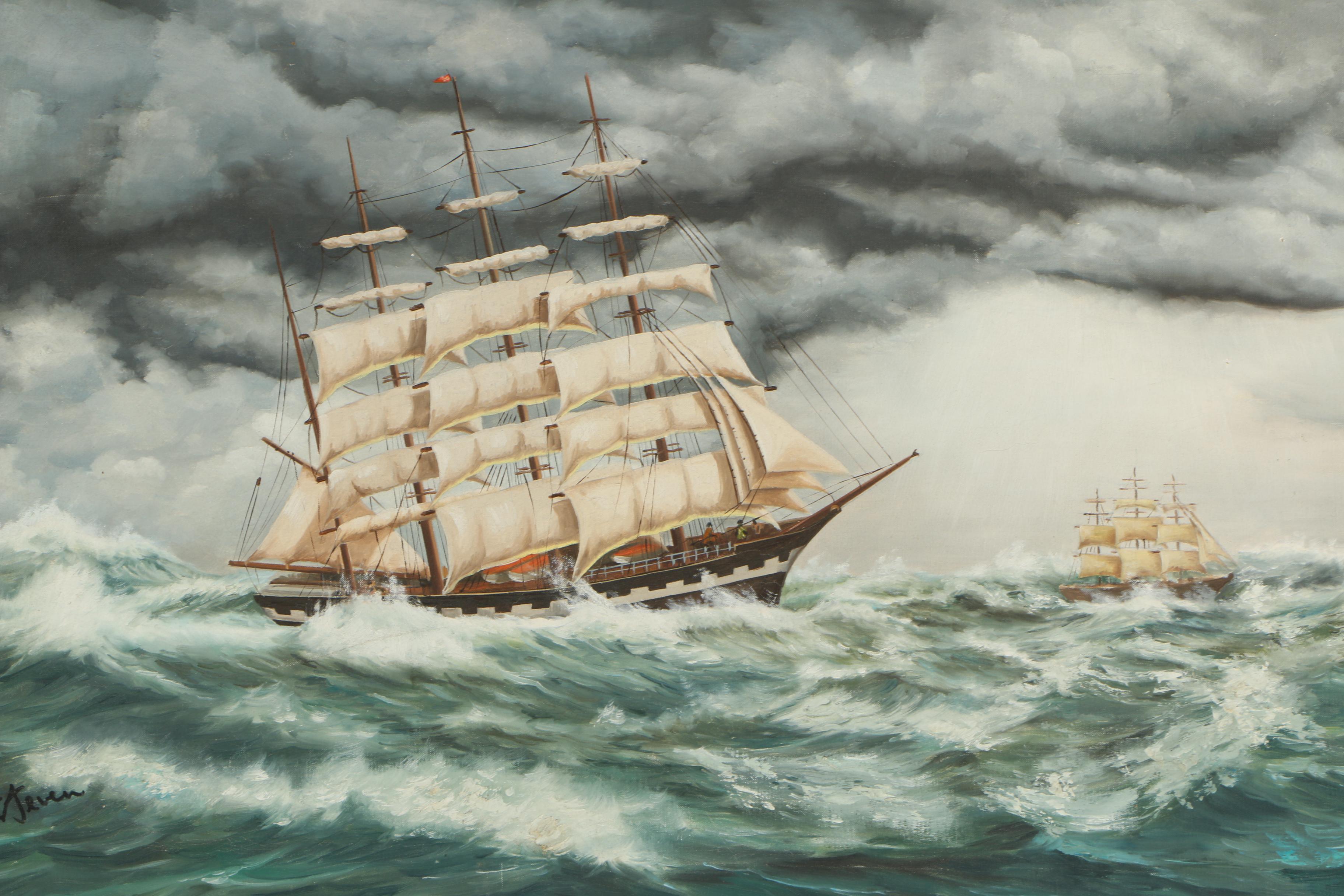 Oil Painting of Ship Sailing Through a Storm