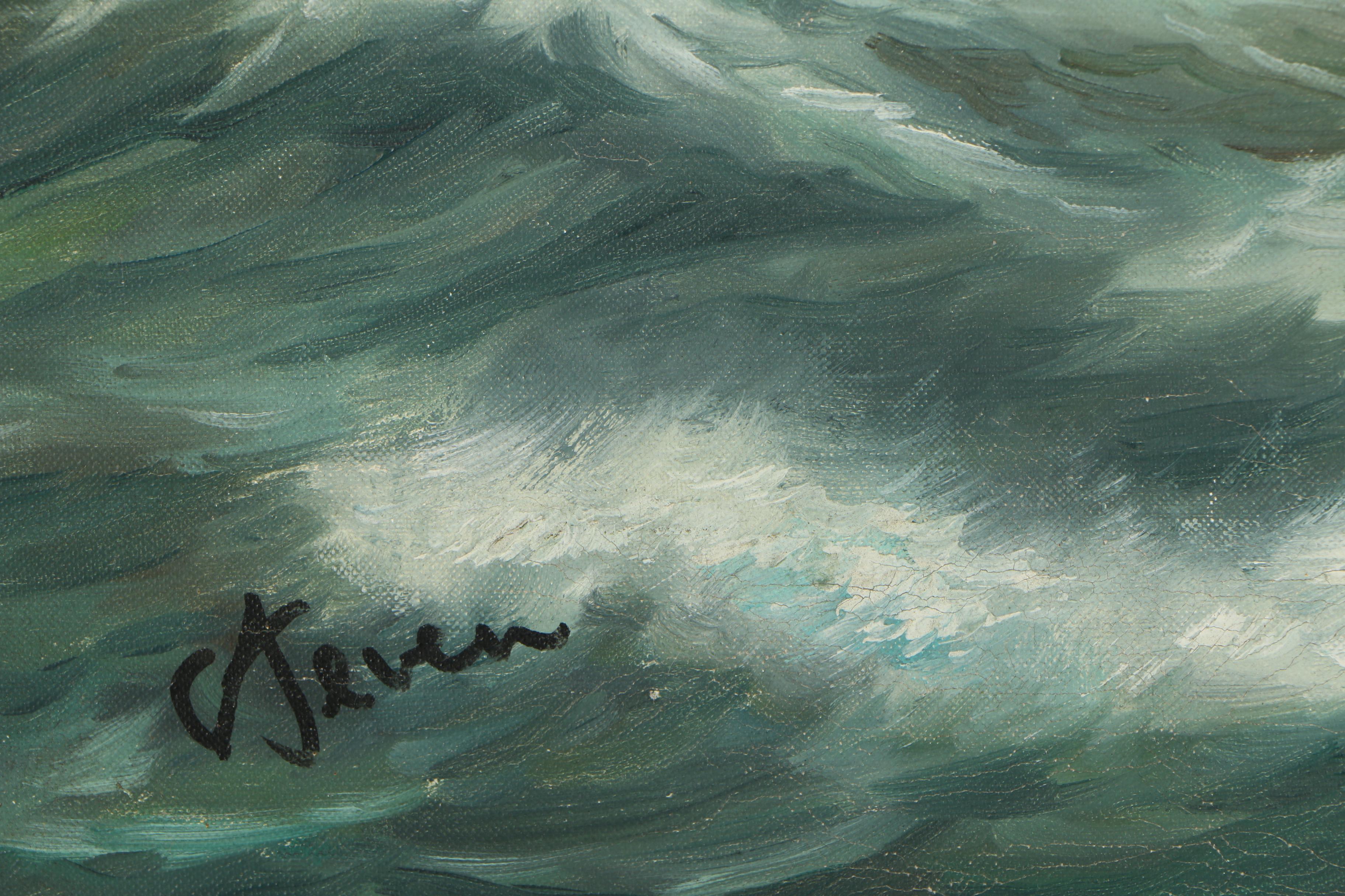 Oil Painting of Ship Sailing Through a Storm