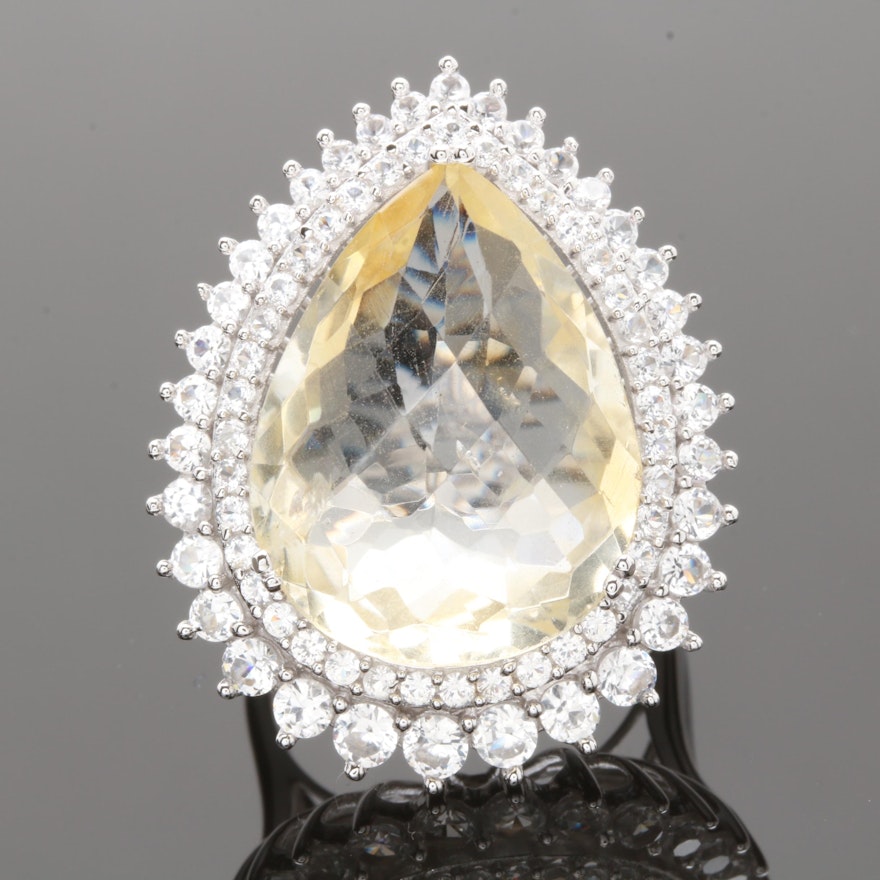 Sterling Silver 16.50 CT Citrine and White Sapphire Ring