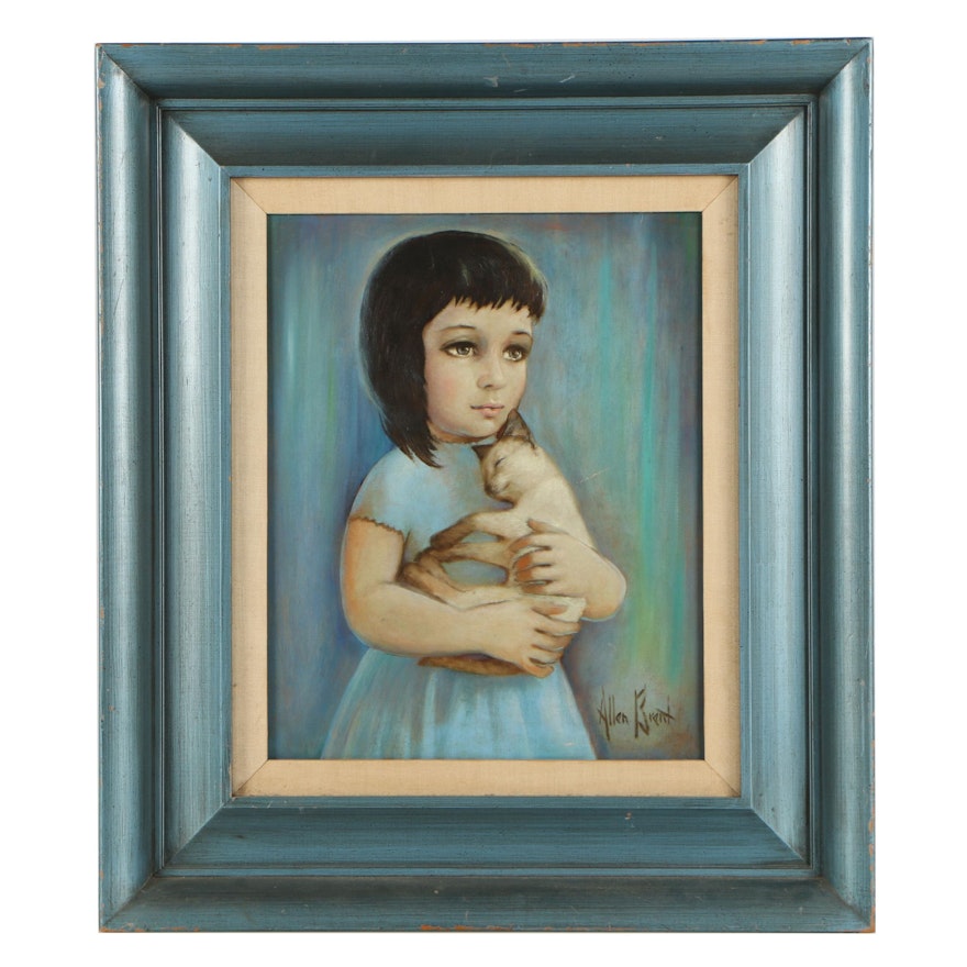 Allen Brent Oil Painting of a Girl and Cat