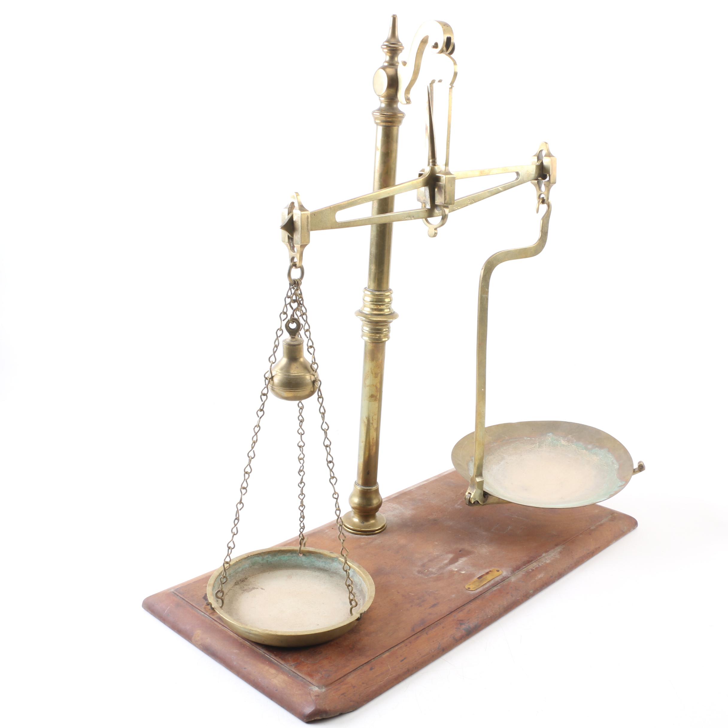 Brass and Wood Equal Arm Balance Scale