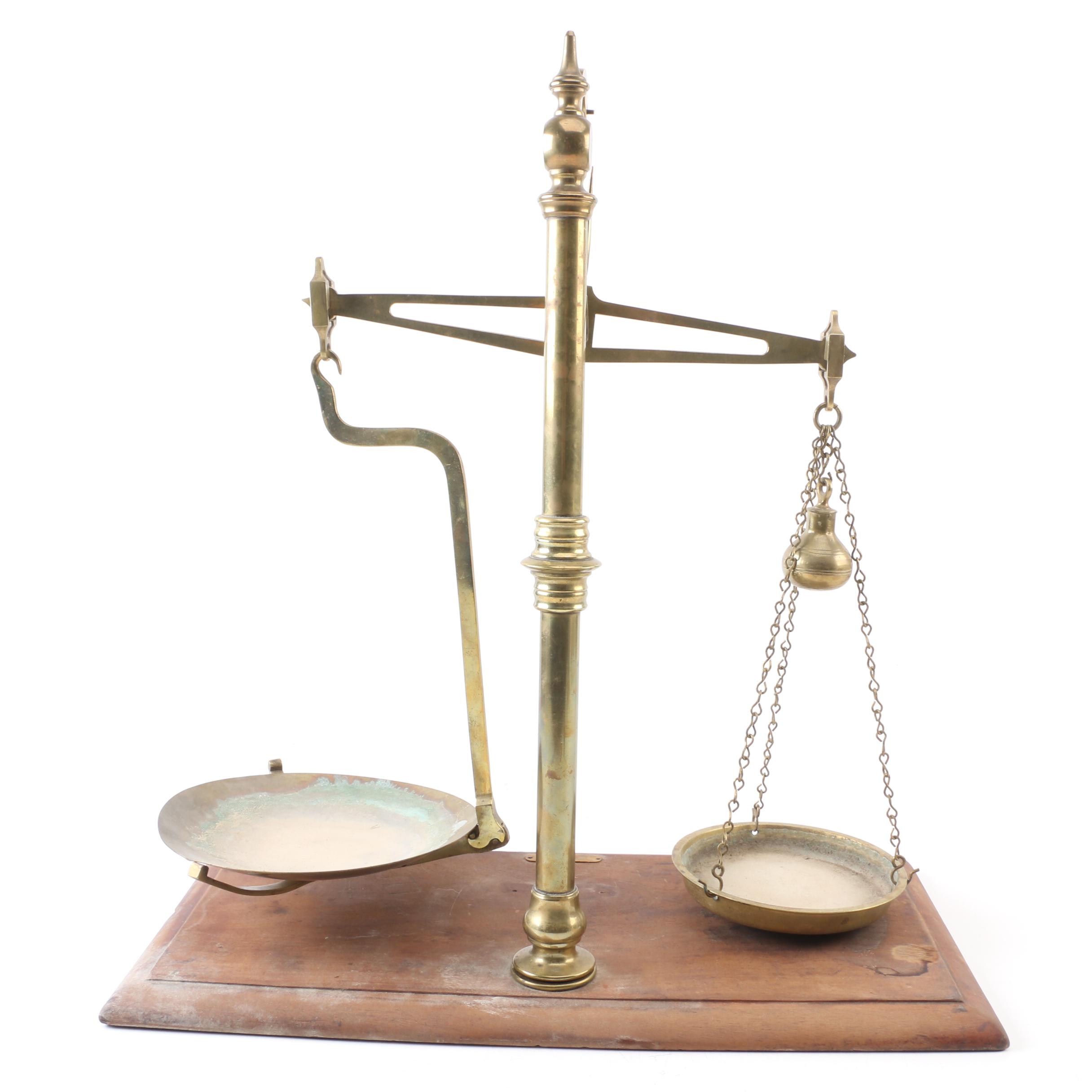 Brass and Wood Equal Arm Balance Scale