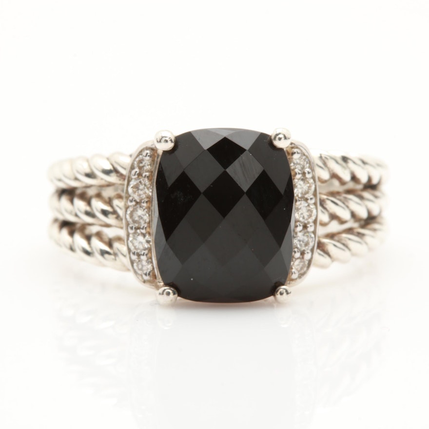 David Yurman Sterling Silver Black Onyx and Diamond Ring