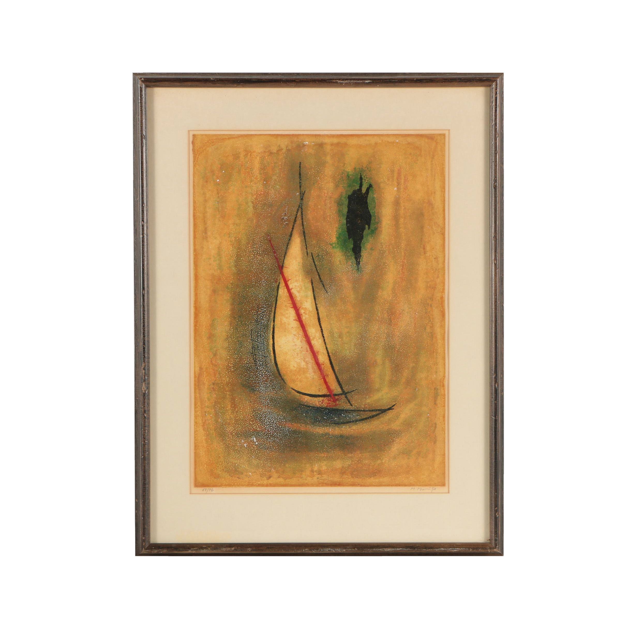 M. Morita Late 20th Century Embellished Lithograph of Sailboat
