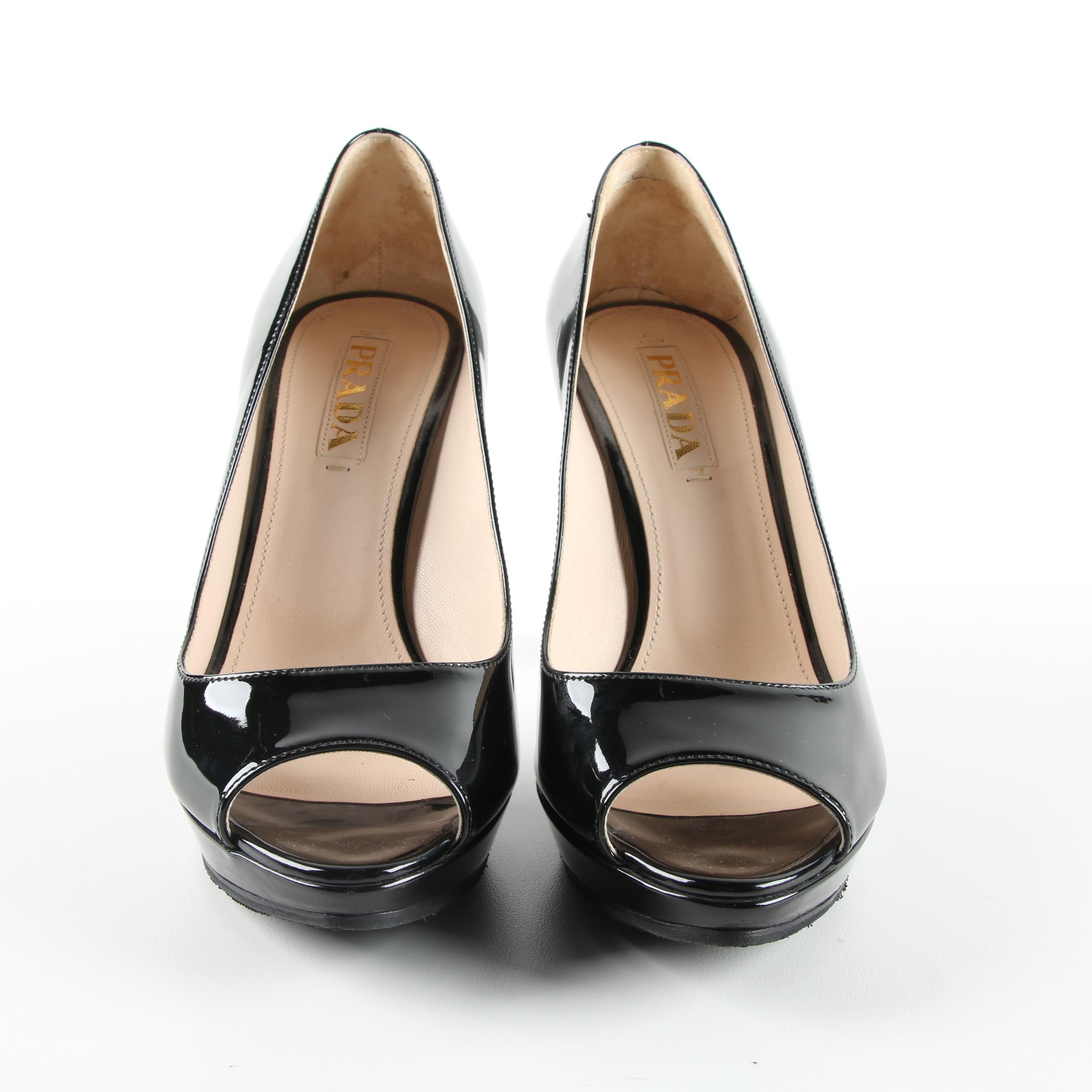 Prada Black Patent Leather Peep-Toe Pumps