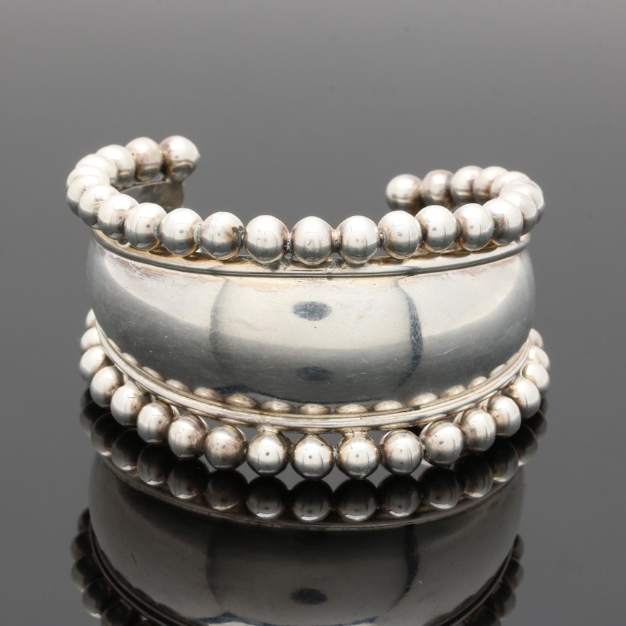 Taxco Sterling Silver Beaded Cuff Bangle