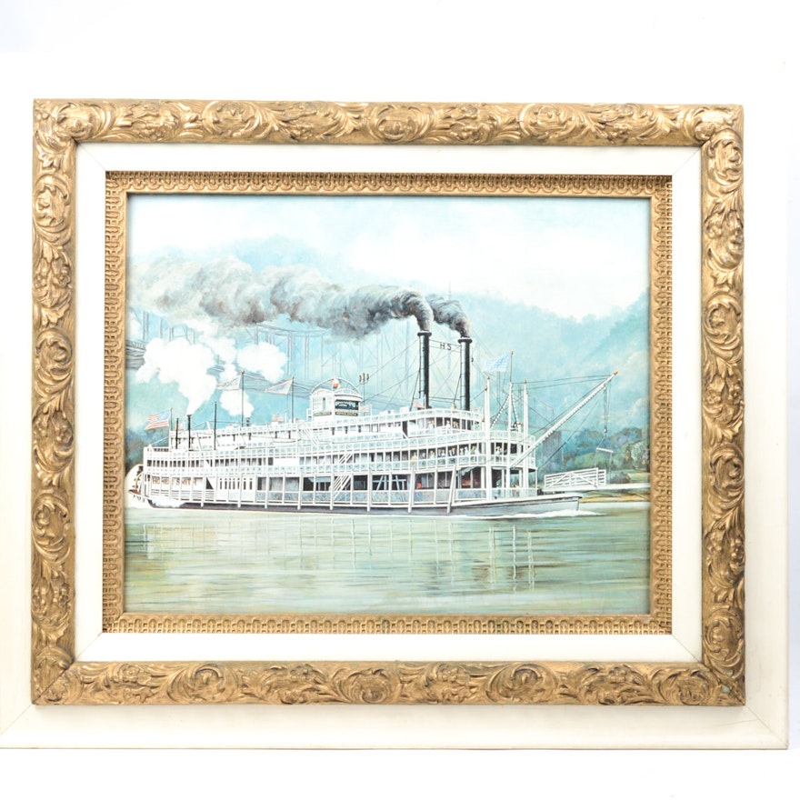 Vintage Offset Lithograph of Stern Wheel Paddle Boat "Homer Smith"