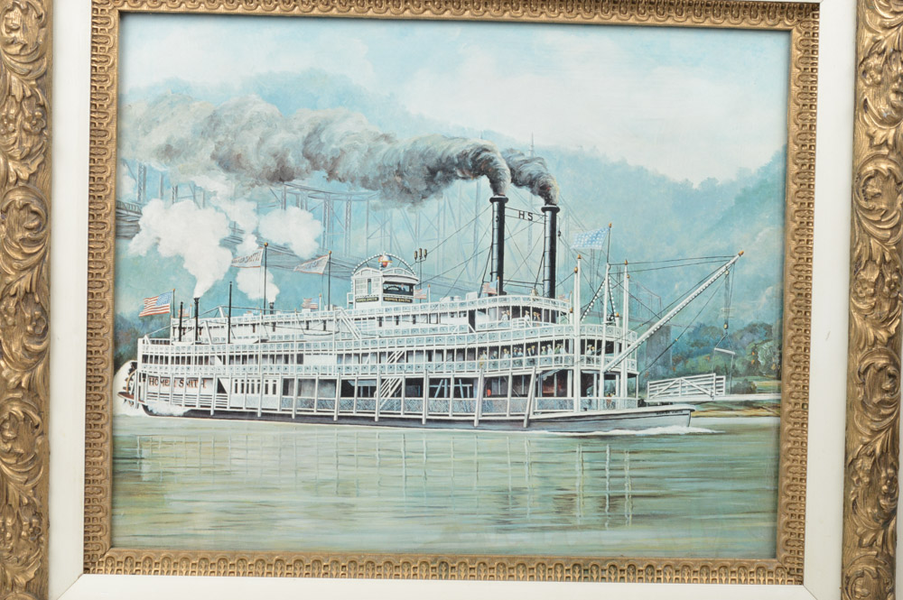 Vintage Offset Lithograph of Stern Wheel Paddle Boat "Homer Smith"